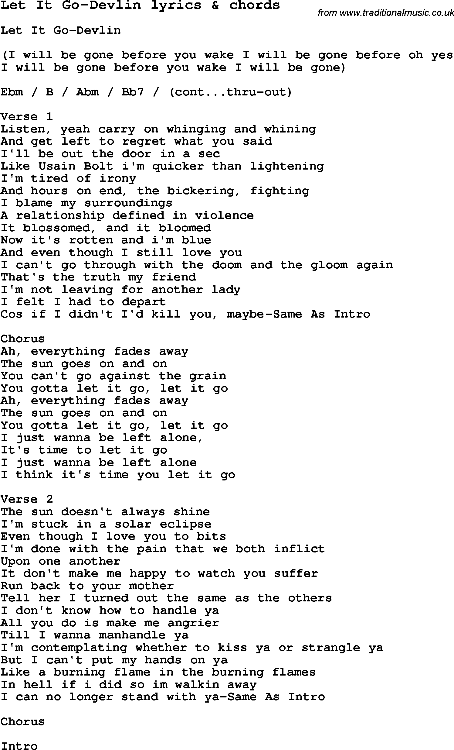 Love Song Lyrics for: Let It Go-Devlin with chords for Ukulele, Guitar Banjo etc.