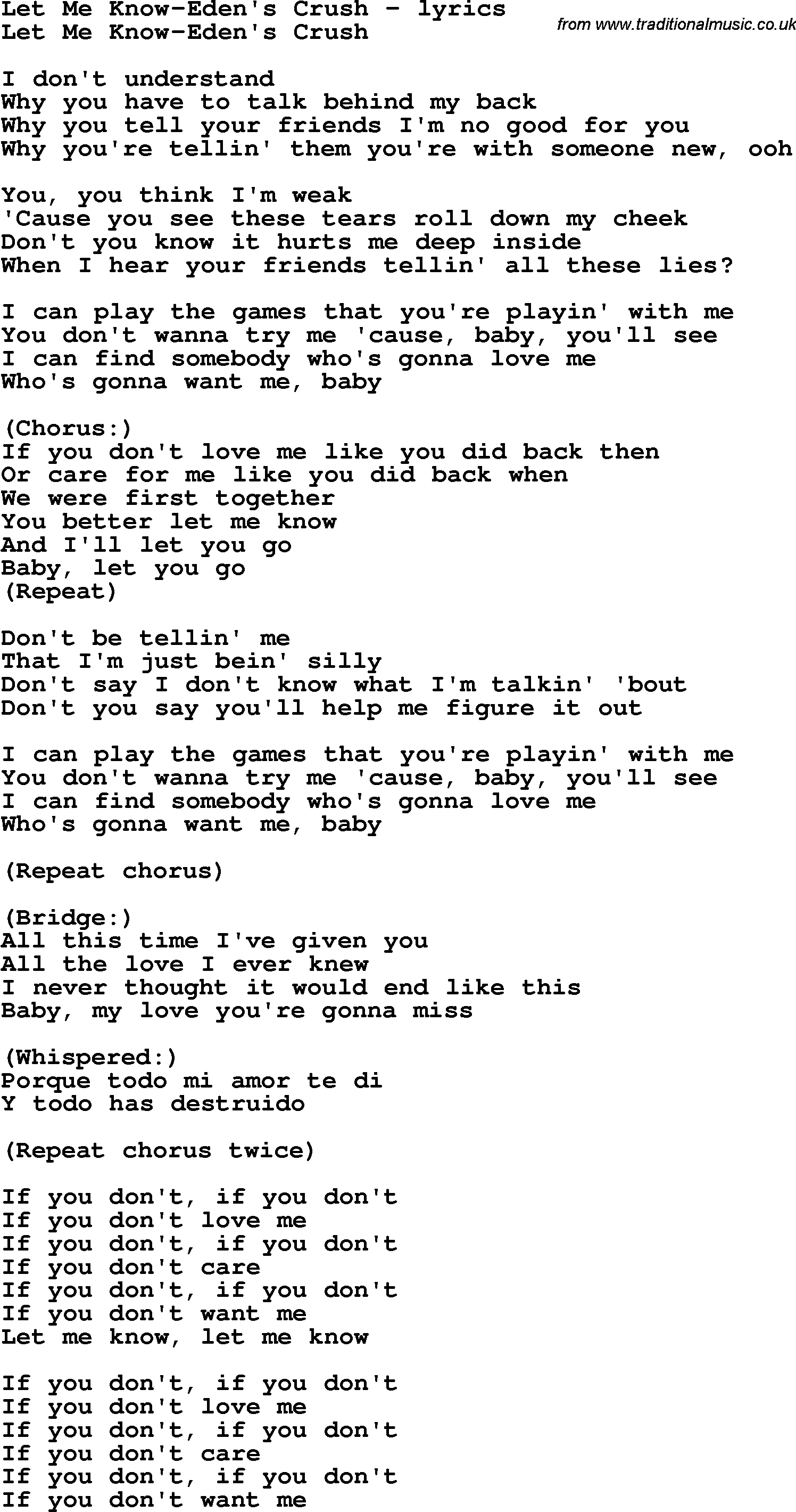 Love Song Lyrics for: Let Me Know-Eden's Crush