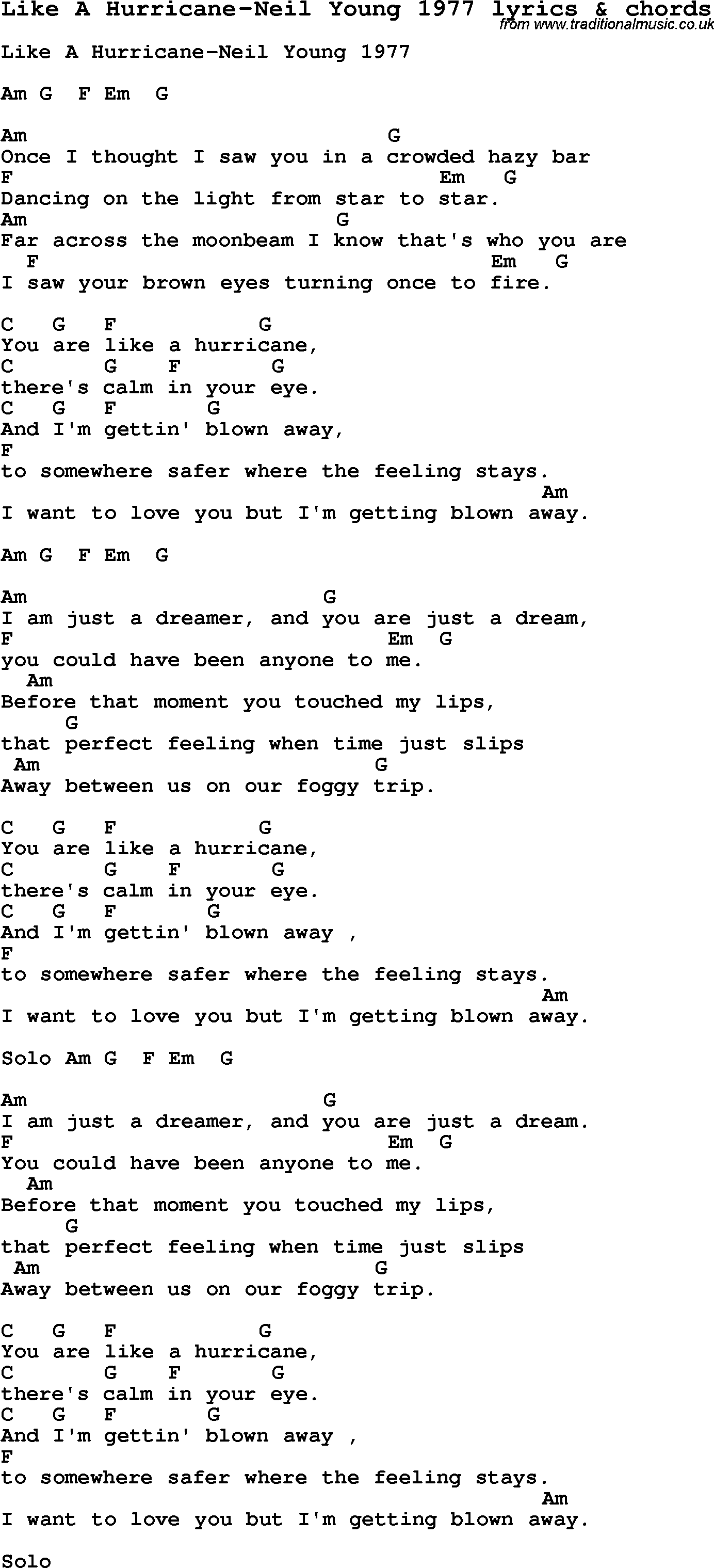 Love Song Lyrics for: Like A Hurricane-Neil Young 1977 with chords for Ukulele, Guitar Banjo etc.