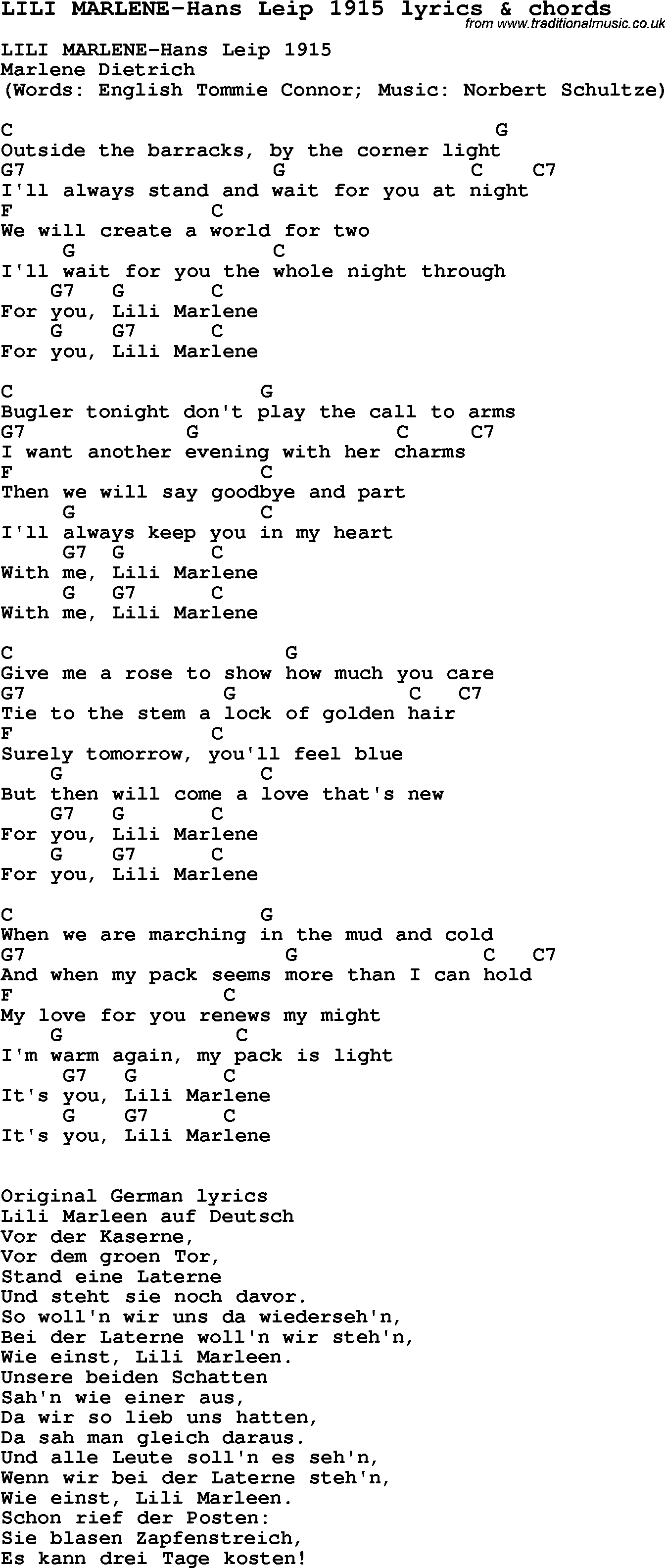 Love Song Lyrics for: LILI MARLENE-Hans Leip 1915 with chords for Ukulele, Guitar Banjo etc.