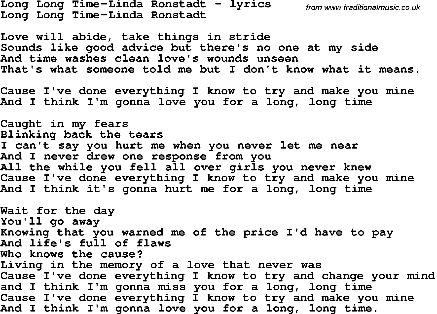 Love Song Lyrics for: Long Long Time-Linda Ronstadt