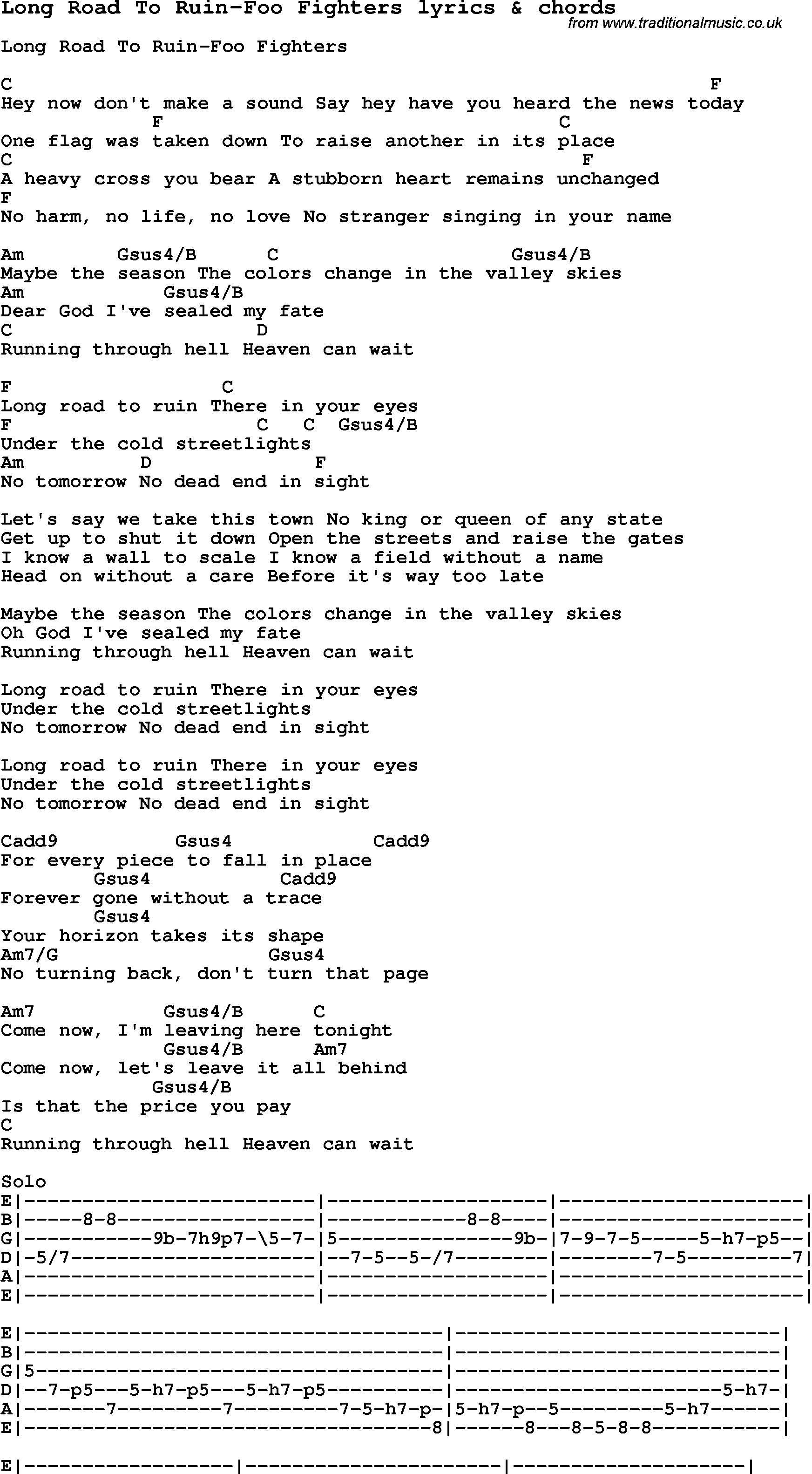 Love Song Lyrics for: Long Road To Ruin-Foo Fighters with chords for Ukulele, Guitar Banjo etc.