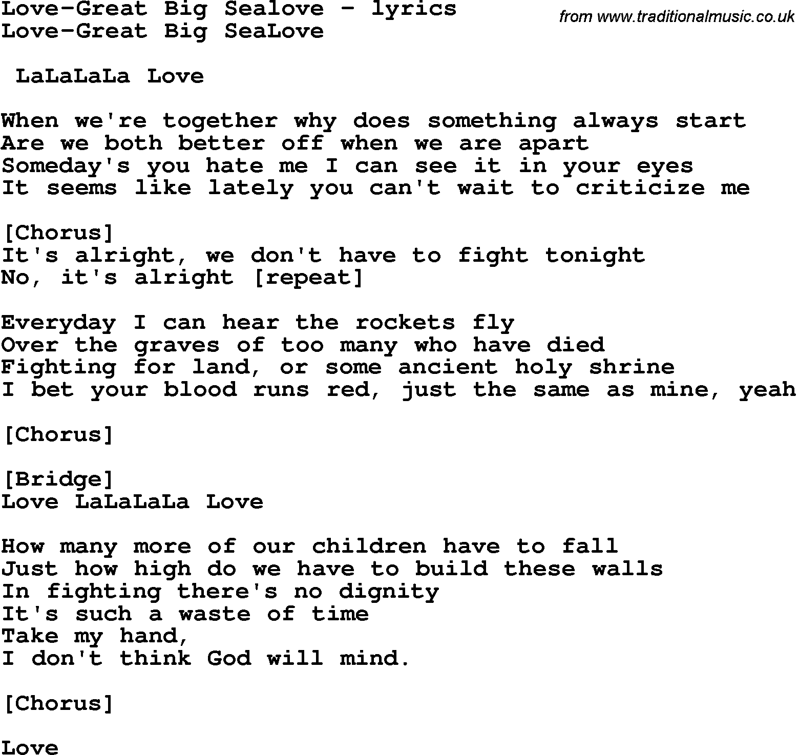 Love Song Lyrics for: Love-Great Big Sealove