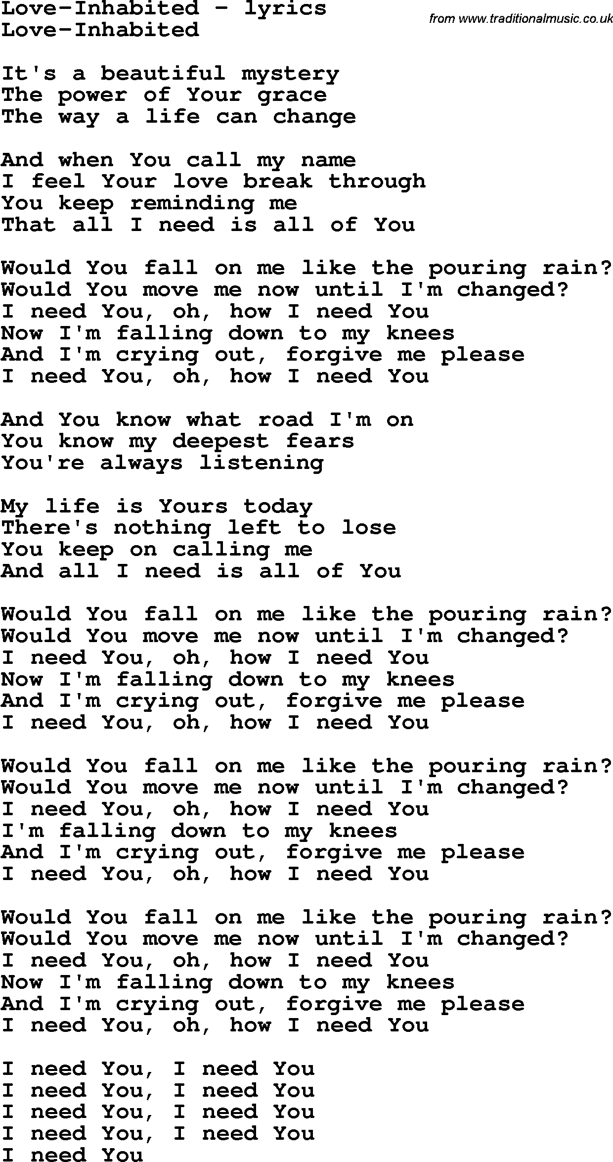 Love Song Lyrics for: Love-Inhabited