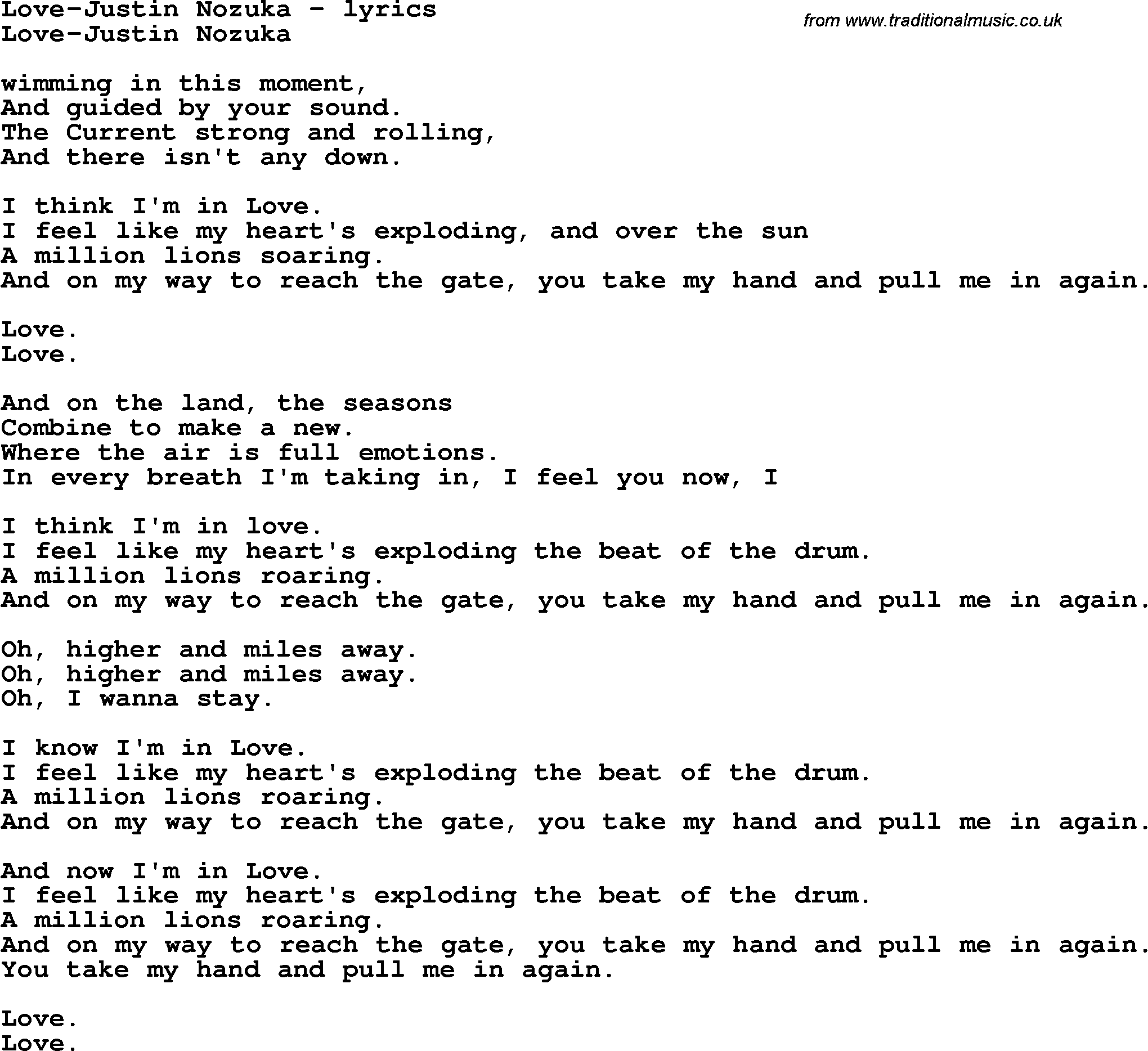 Love Song Lyrics for: Love-Justin Nozuka