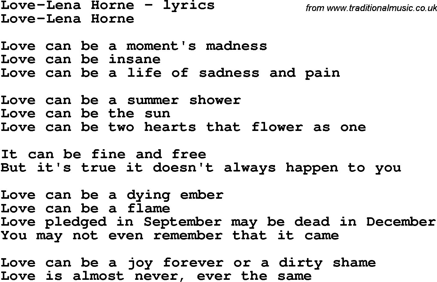 Love Song Lyrics for: Love-Lena Horne