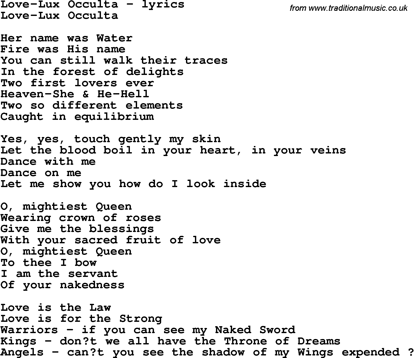 Love Song Lyrics for: Love-Lux Occulta