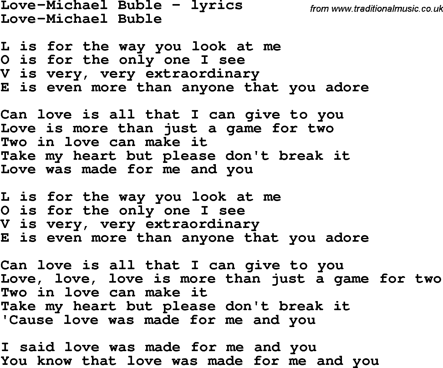 Love Song Lyrics for: Love-Michael Buble