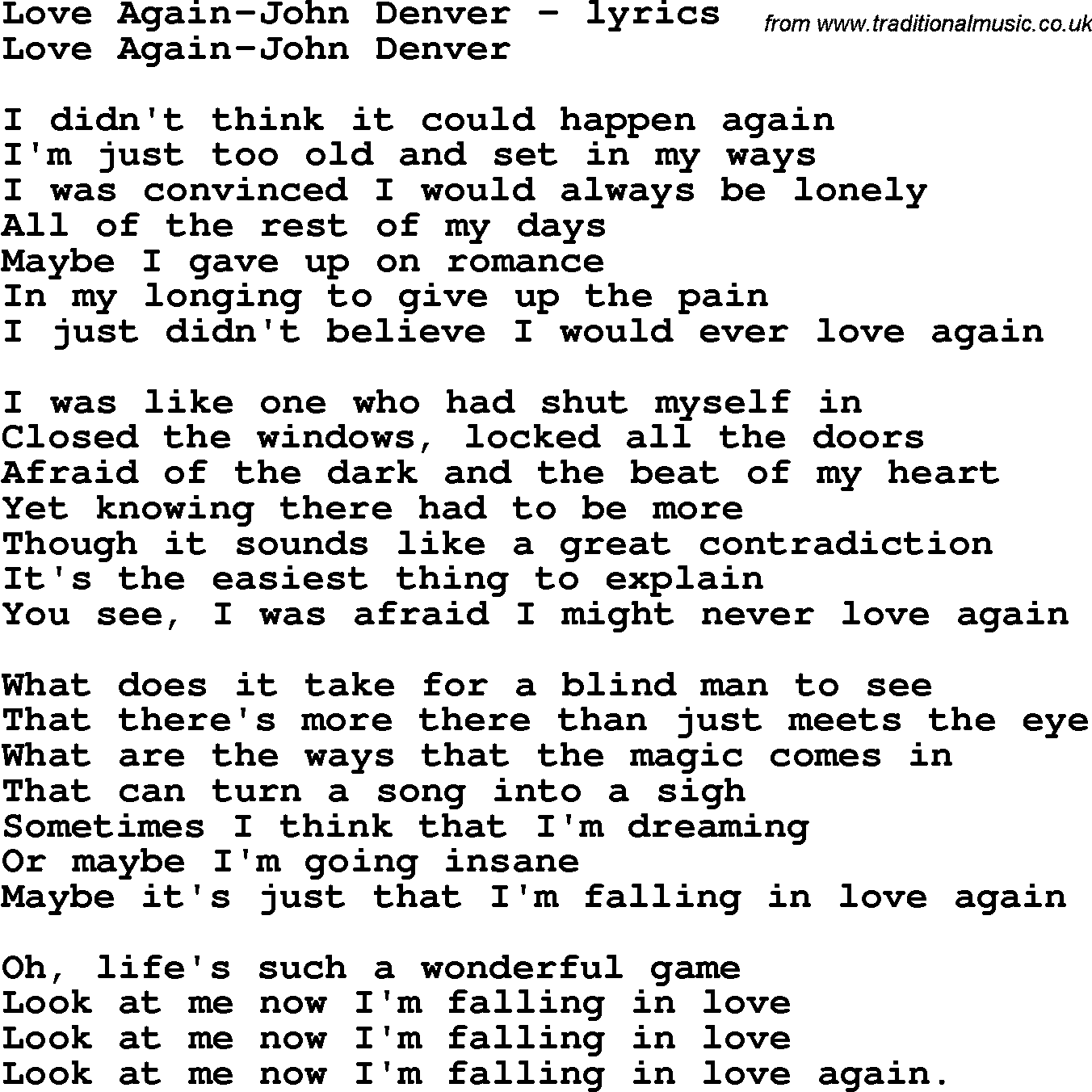 Love Song Lyrics for: Love Again-John Denver