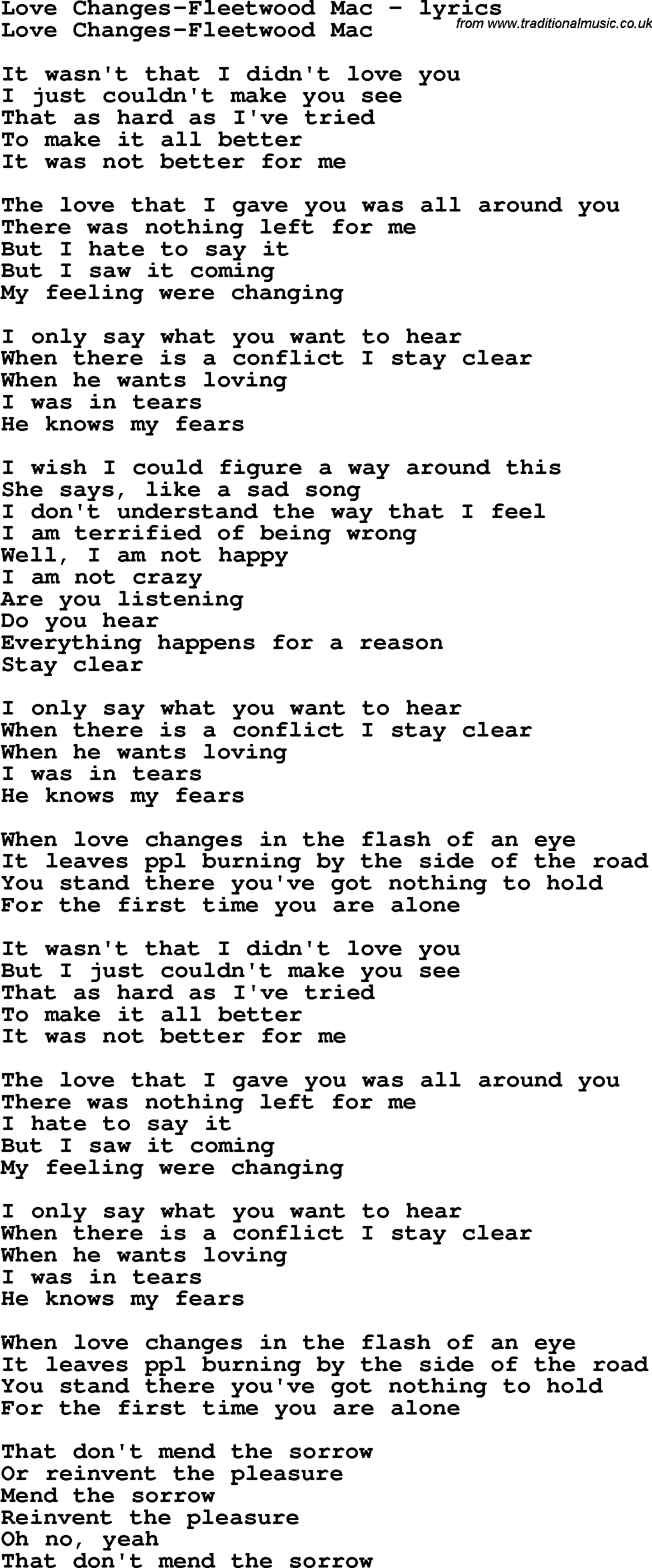 Love Song Lyrics for: Love Changes-Fleetwood Mac