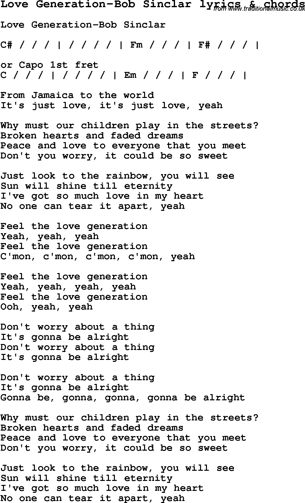 Love Song Lyrics for: Love Generation-Bob Sinclar with chords for Ukulele, Guitar Banjo etc.