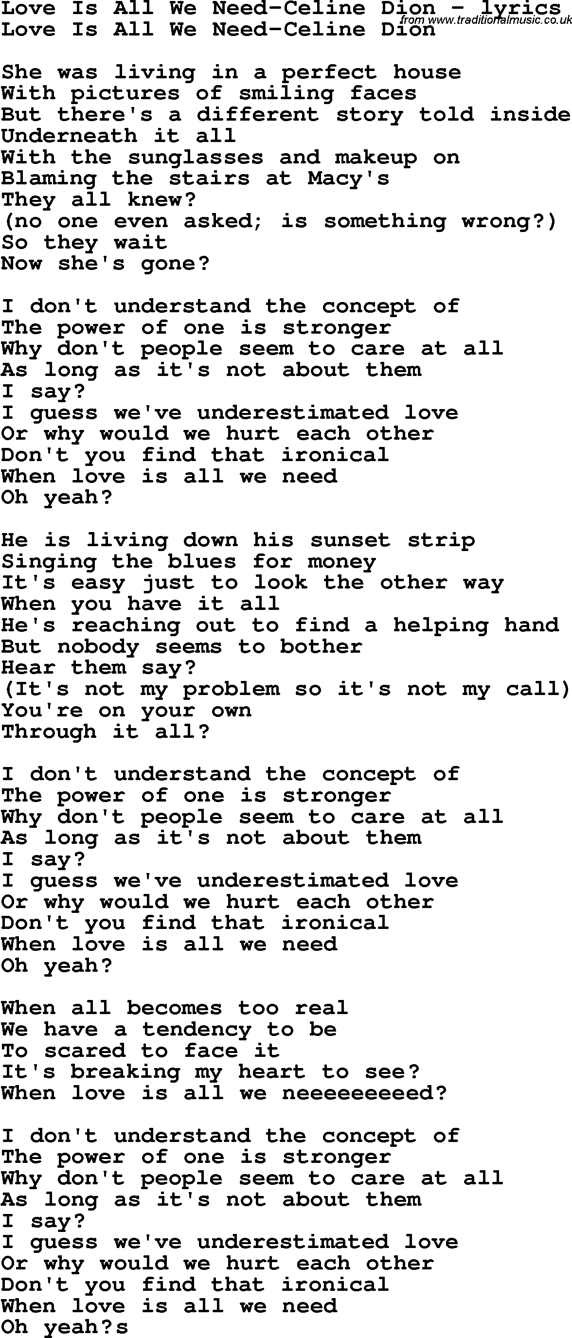 Love Song Lyrics for: Love Is All We Need-Celine Dion