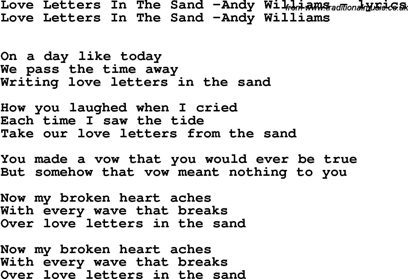 Love Song Lyrics for: Love Letters In The Sand -Andy Williams