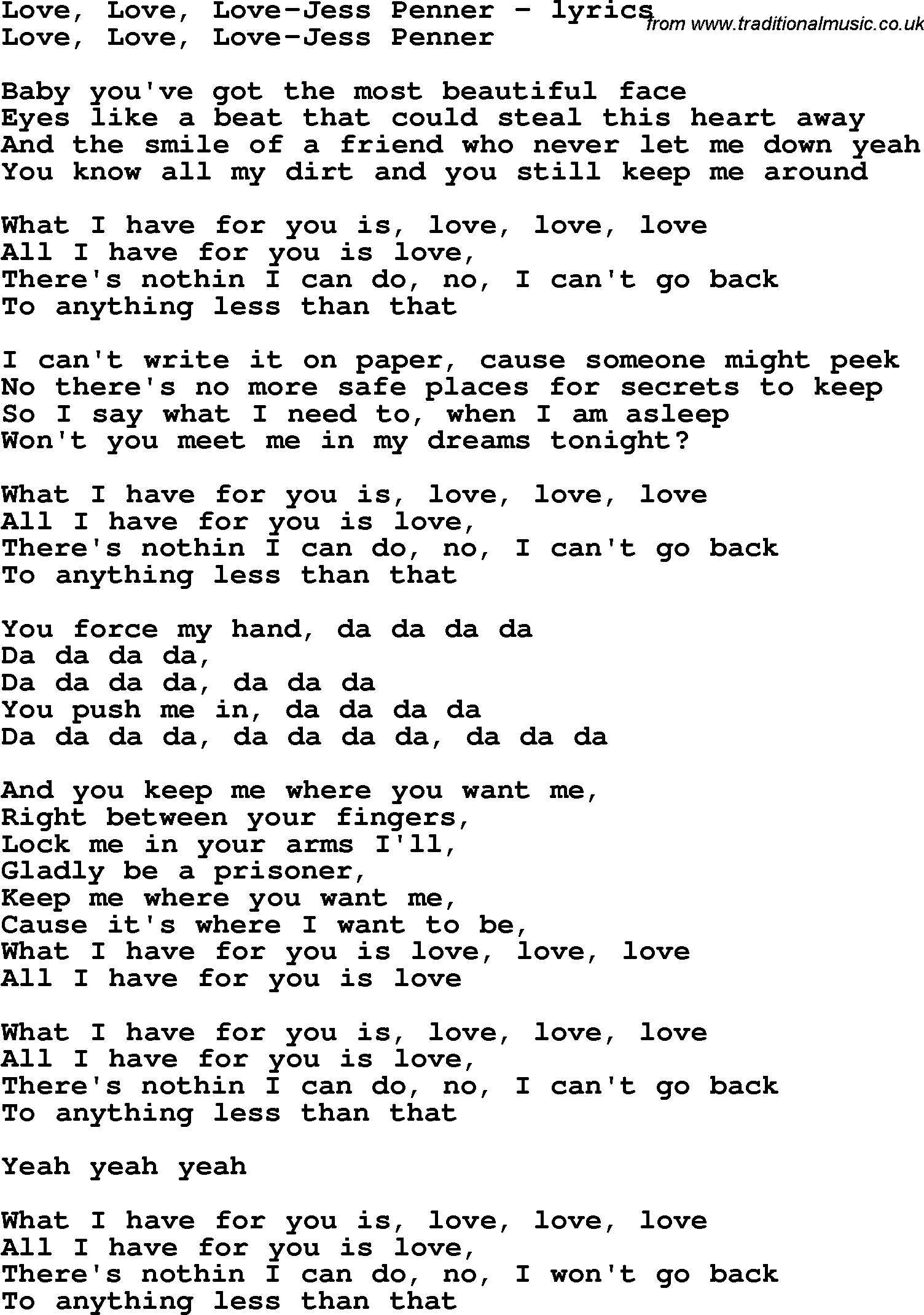 Love Song Lyrics for: Love, Love, Love-Jess Penner