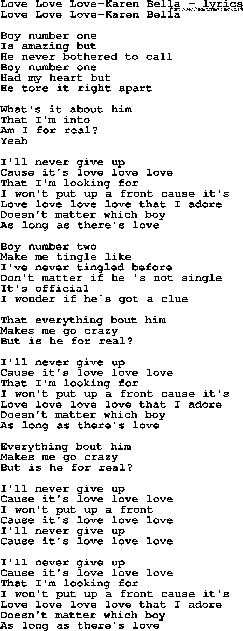 Love Song Lyrics for: Love Love Love-Karen Bella