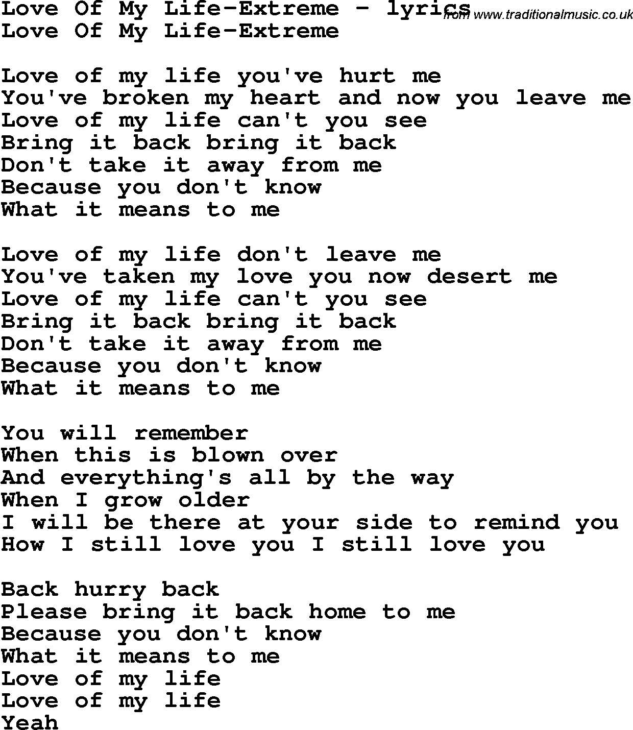 Love Song Lyrics for: Love Of My Life-Extreme