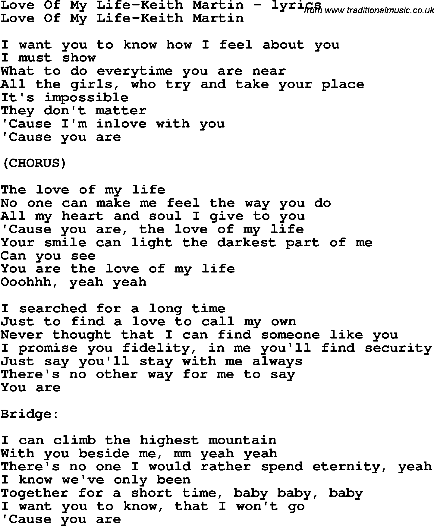 Love Song Lyrics for: Love Of My Life-Keith Martin