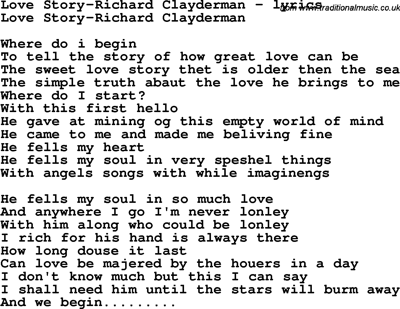 Love Song Lyrics for: Love Story-Richard Clayderman