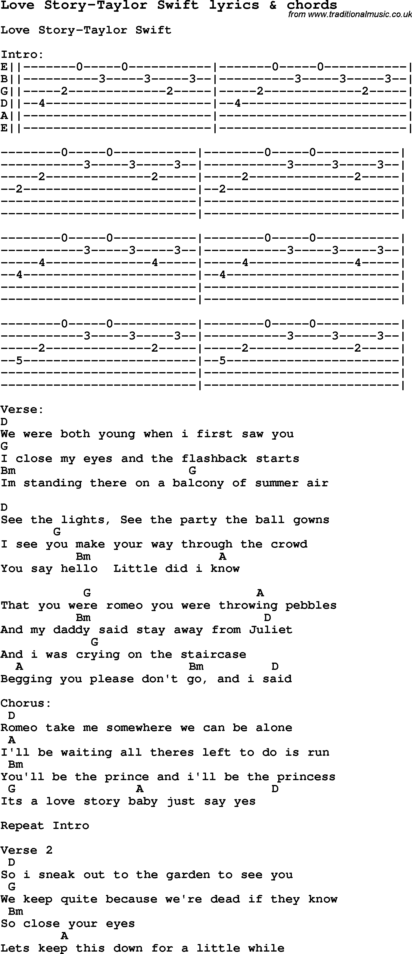 diagram kold opskrift Love Song Lyrics for:Love Story-Taylor Swift with chords.