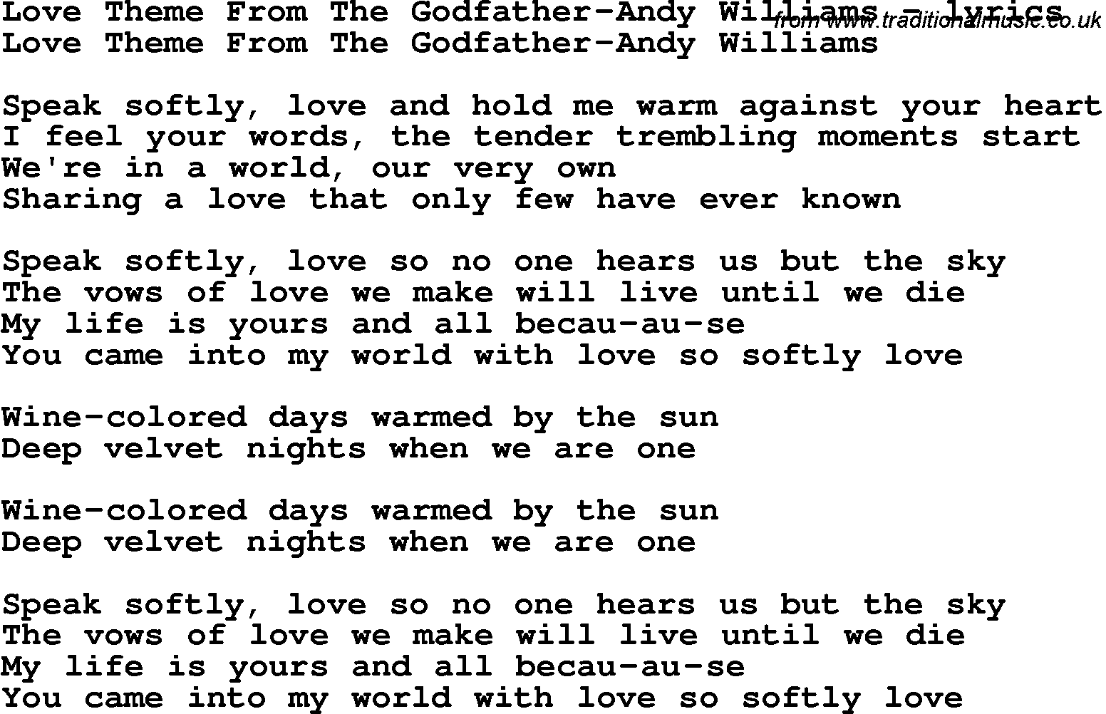 Love Song Lyrics for: Love Theme From The Godfather-Andy Williams