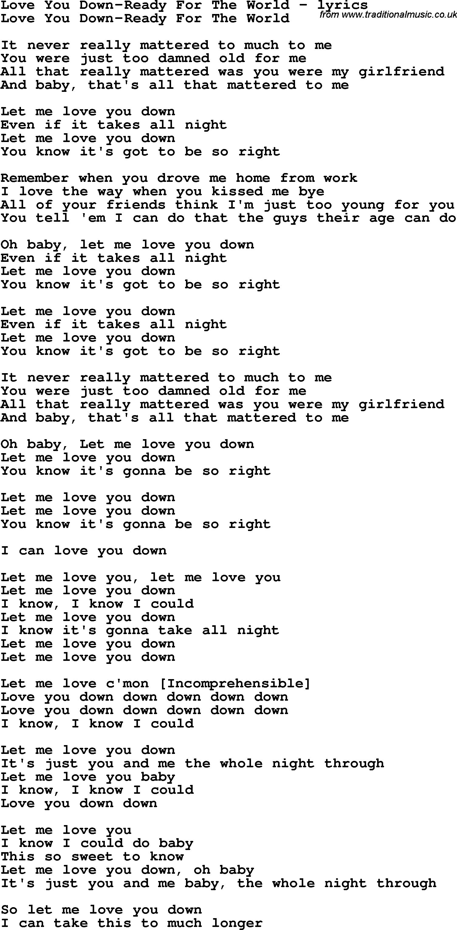 Love Song Lyrics for: Love You Down-Ready For The World