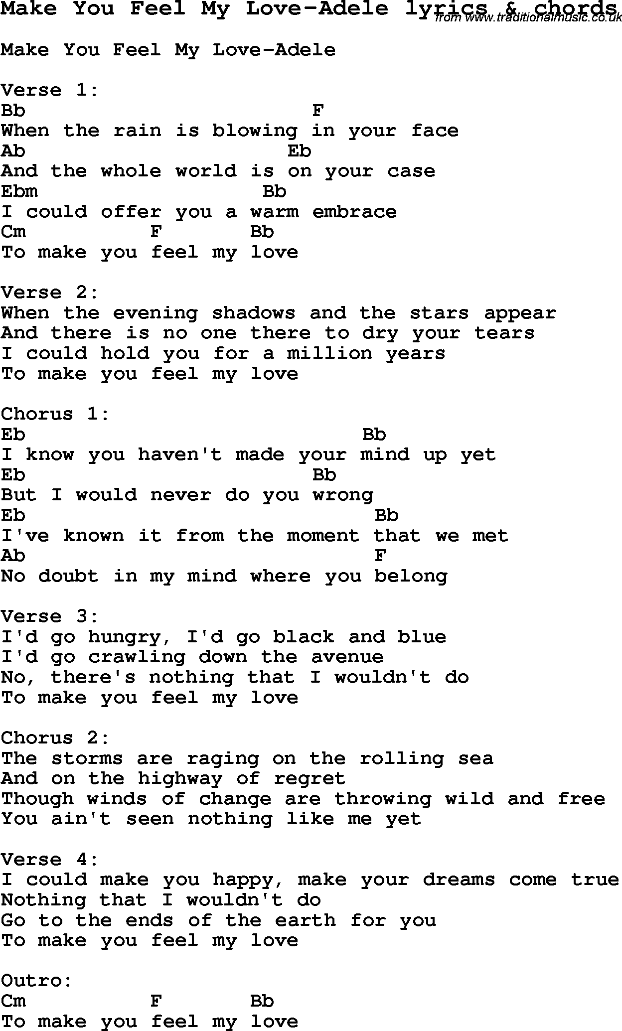 Adele 'make You Feel My Love' Song Lyrics Print 