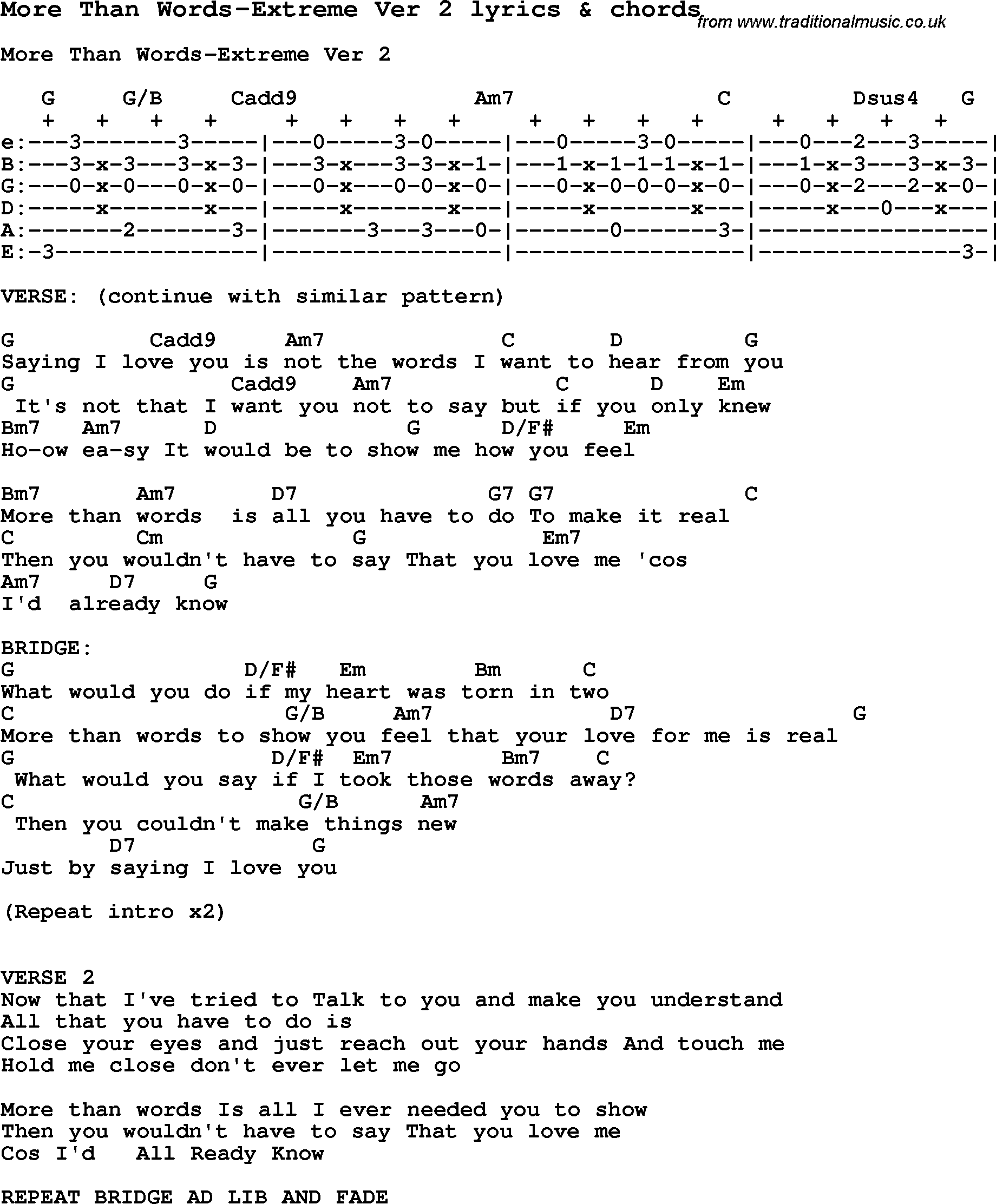 Love Song Lyrics for: More Than Words-Extreme Ver 2 with chords for Ukulele, Guitar Banjo etc.