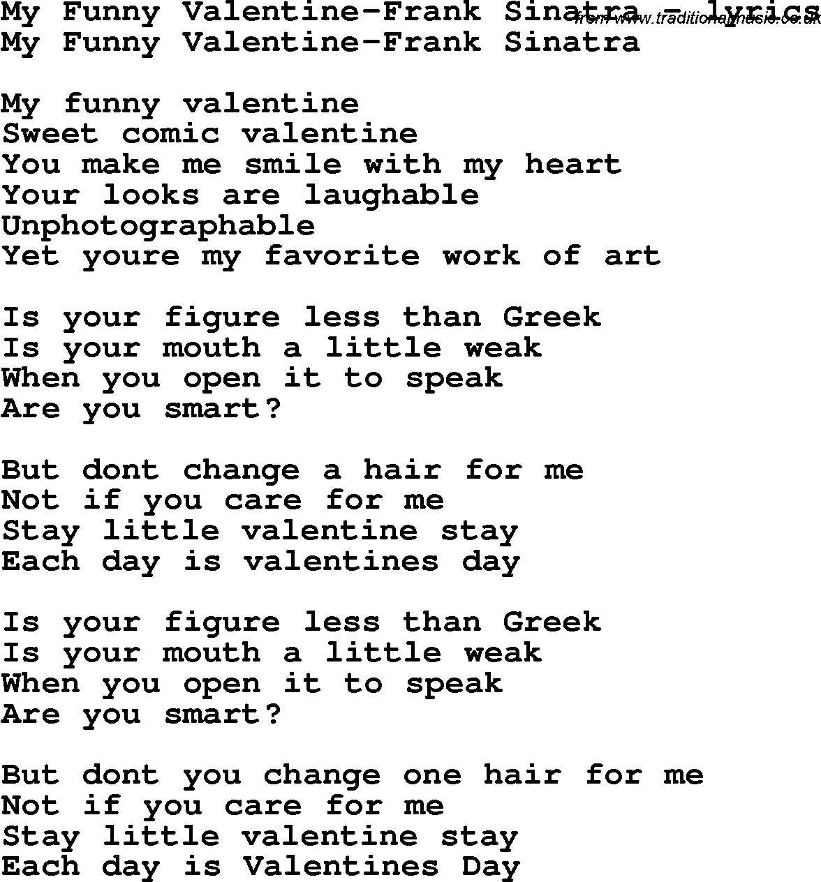 Love Song Lyrics for:My Funny Valentine-Frank Sinatra