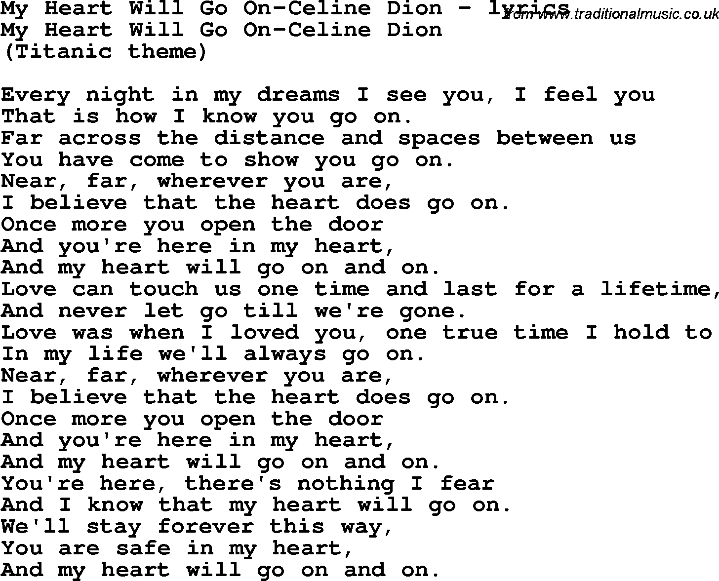 Love Song Lyrics for: My Heart Will Go On-Celine Dion