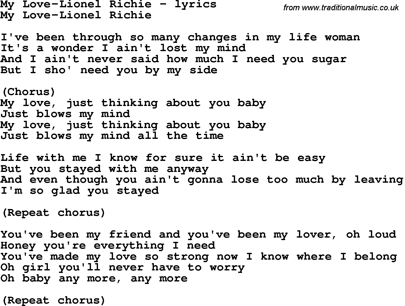 Love Song Lyrics for: My Love-Lionel Richie