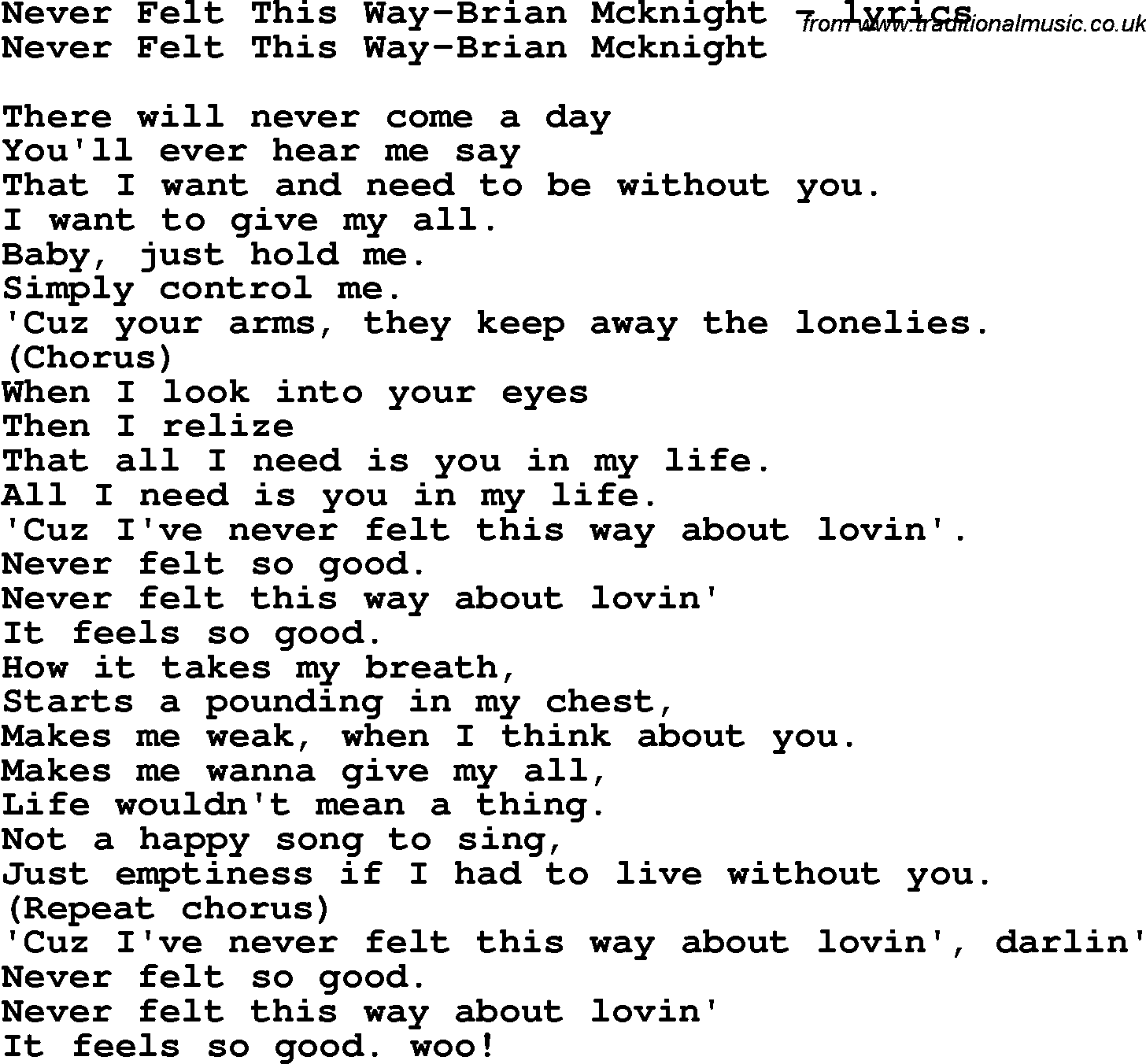 Love Song Lyrics for: Never Felt This Way-Brian Mcknight