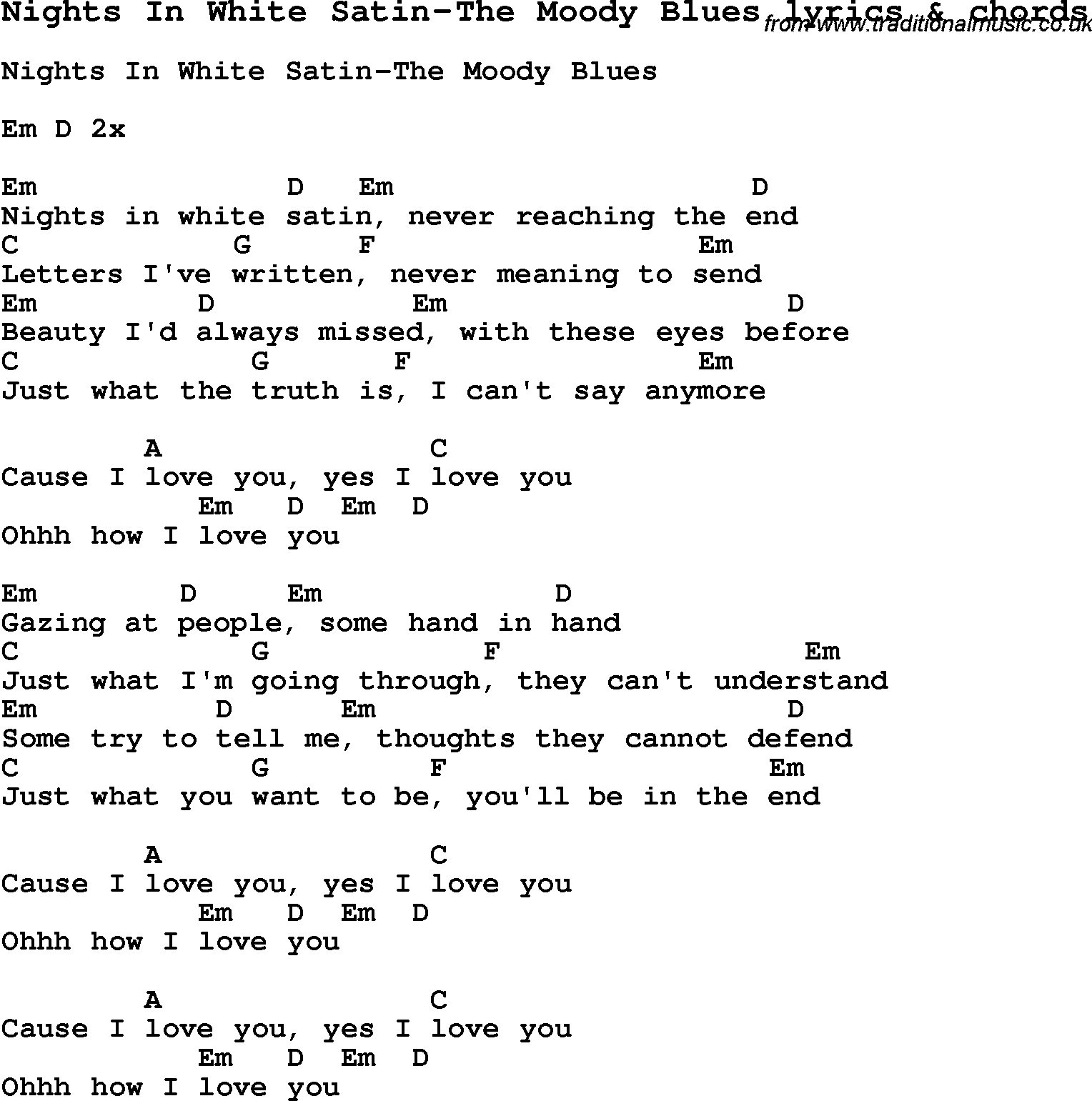 Love Song Lyrics for: Nights In White Satin-The Moody Blues with chords for Ukulele, Guitar Banjo etc.