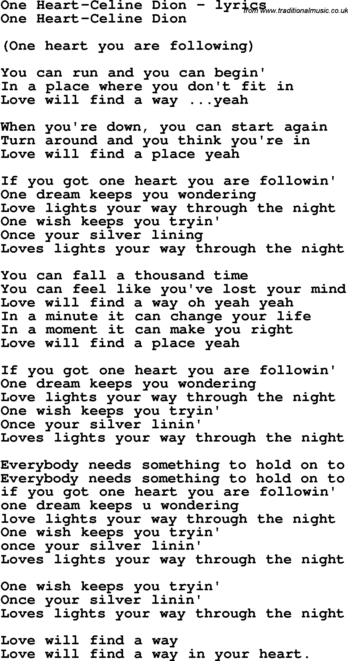 Love Song Lyrics for: One Heart-Celine Dion