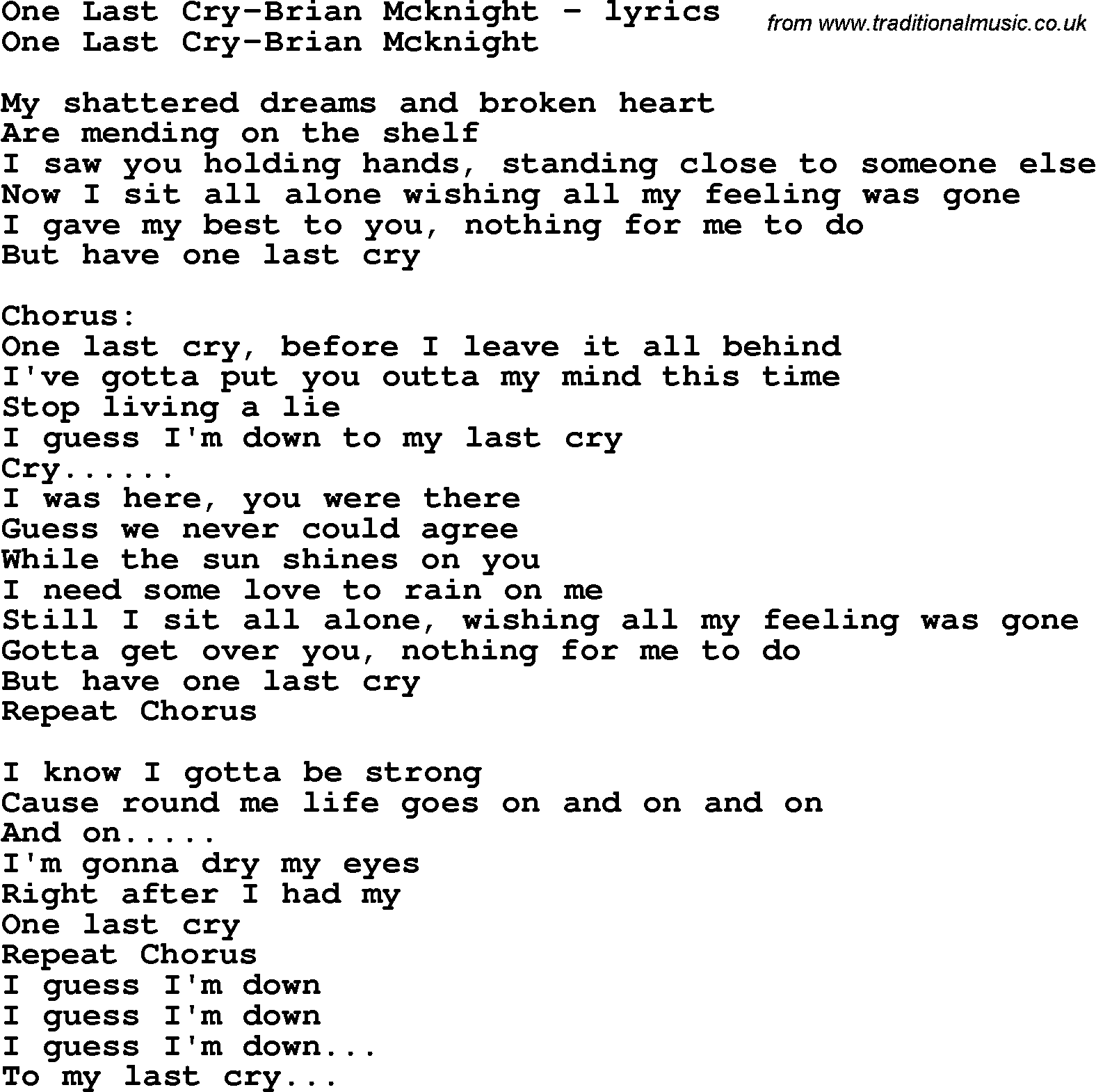 Love Song Lyrics for:One Last Cry-Brian Mcknight.