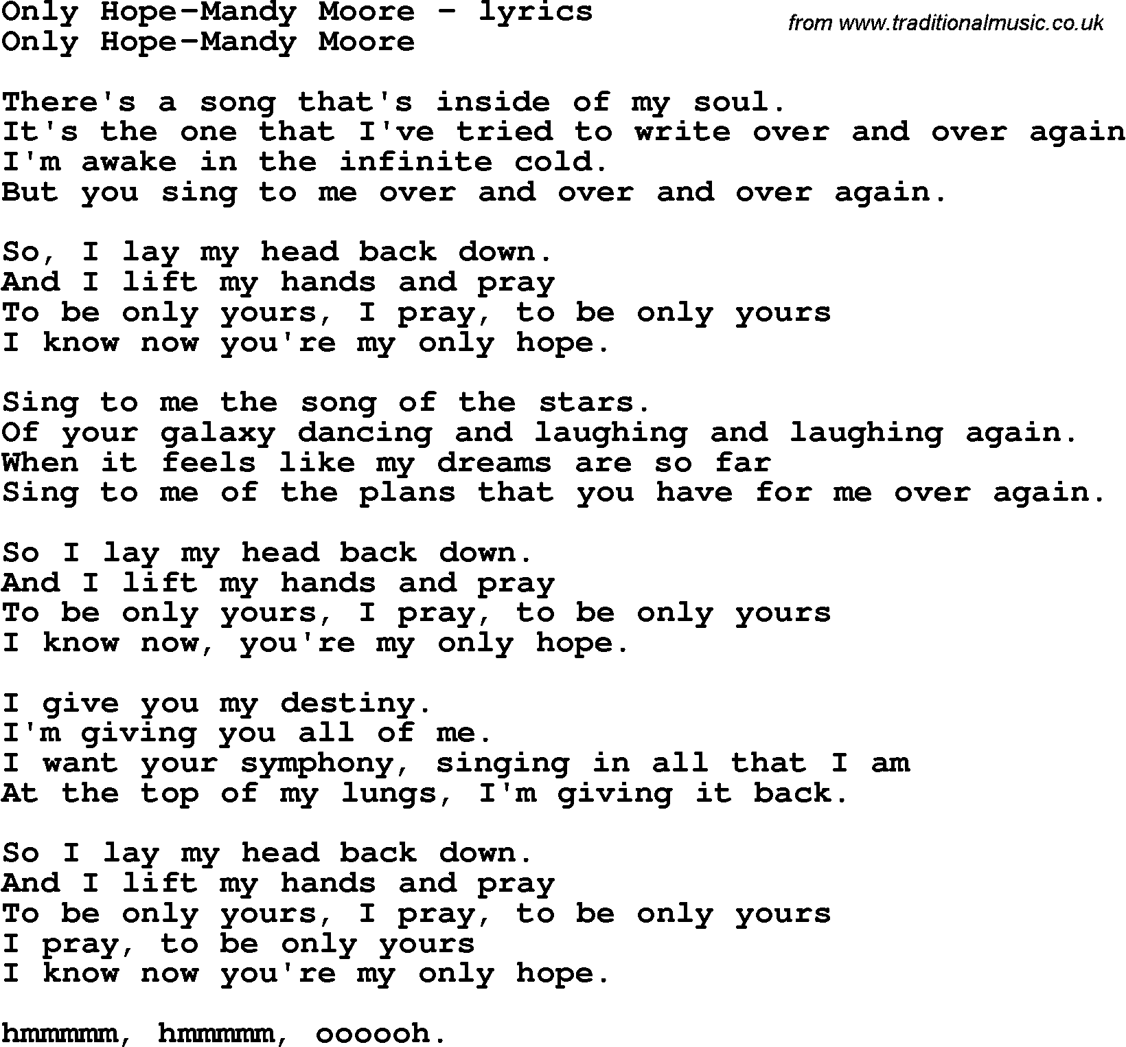 Love Song Lyrics for: Only Hope-Mandy Moore