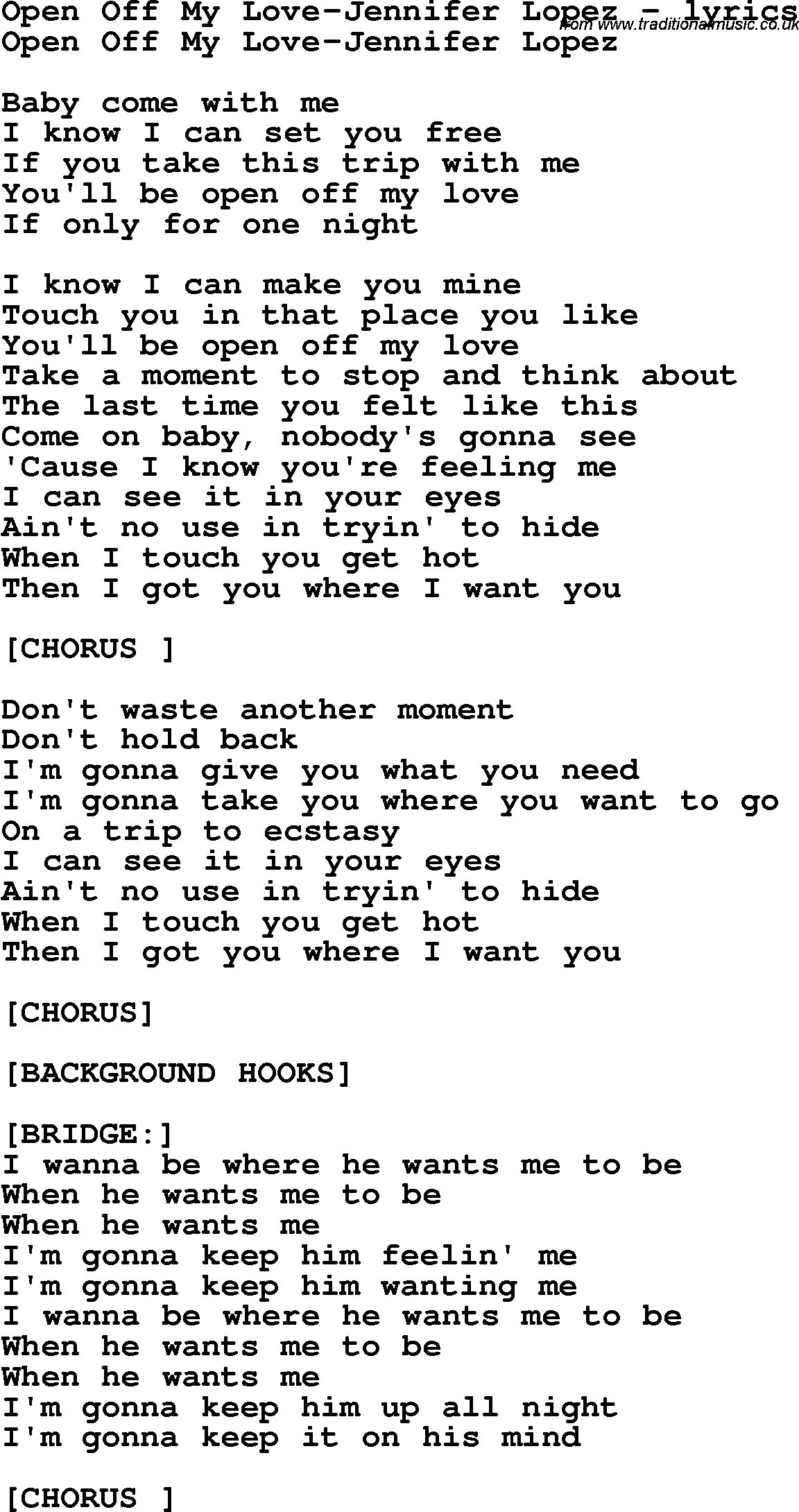 Love Song Lyrics for: Open Off My Love-Jennifer Lopez