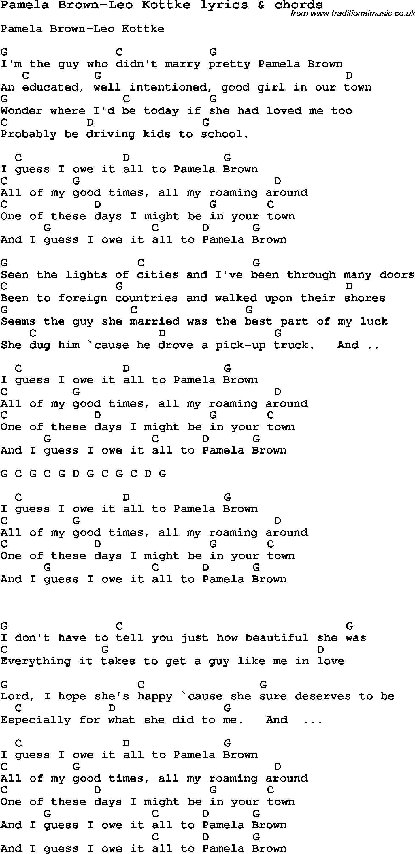 Love Song Lyrics for: Pamela Brown-Leo Kottke with chords for Ukulele, Guitar Banjo etc.