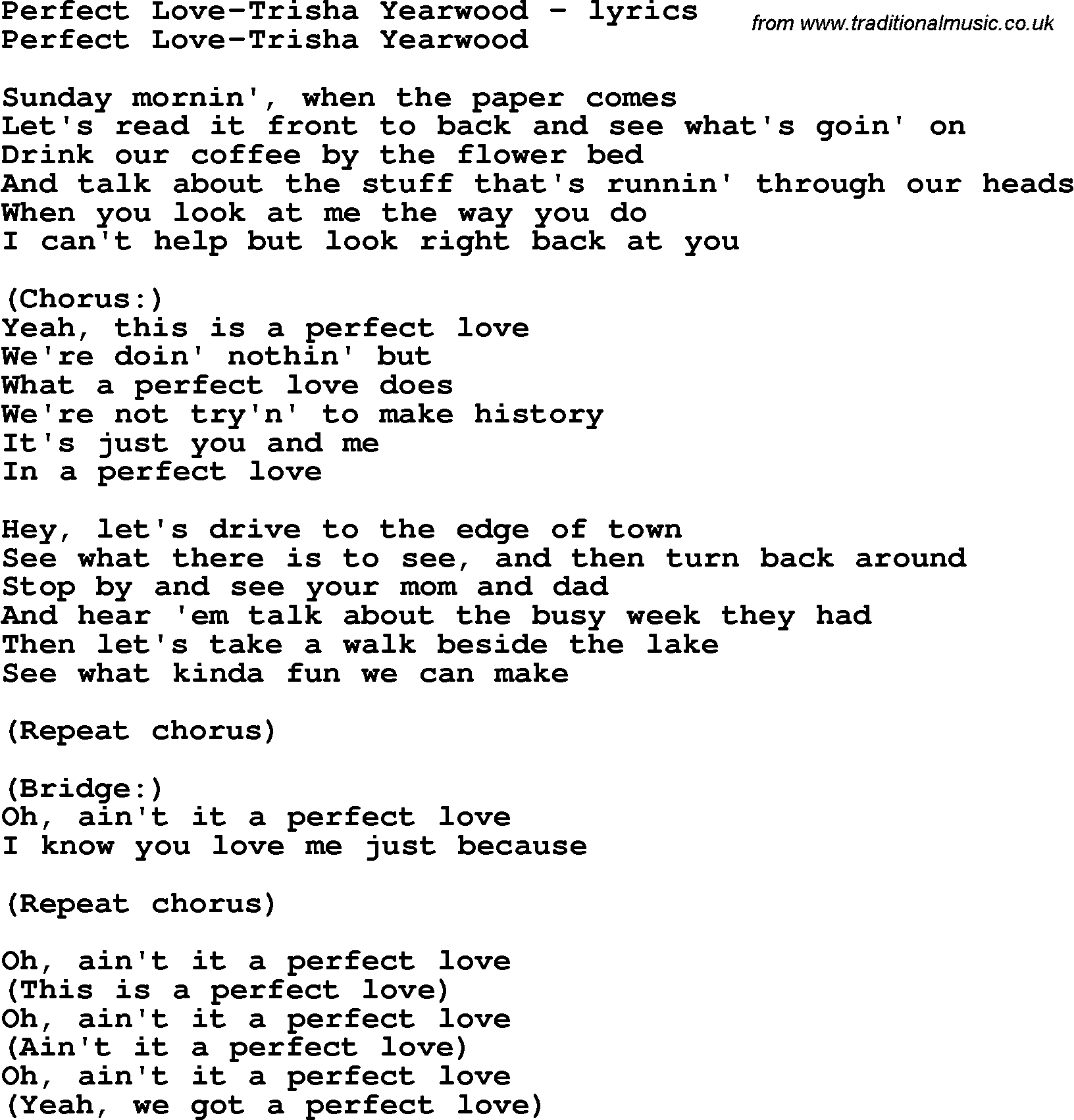 Love Song Lyrics for: Perfect Love-Trisha Yearwood