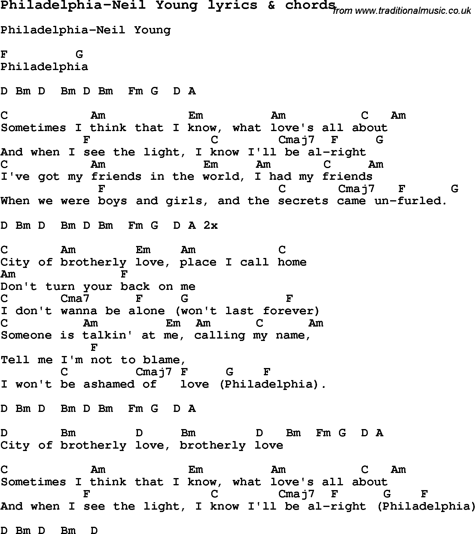 Love Song Lyrics for: Philadelphia-Neil Young with chords for Ukulele, Guitar Banjo etc.
