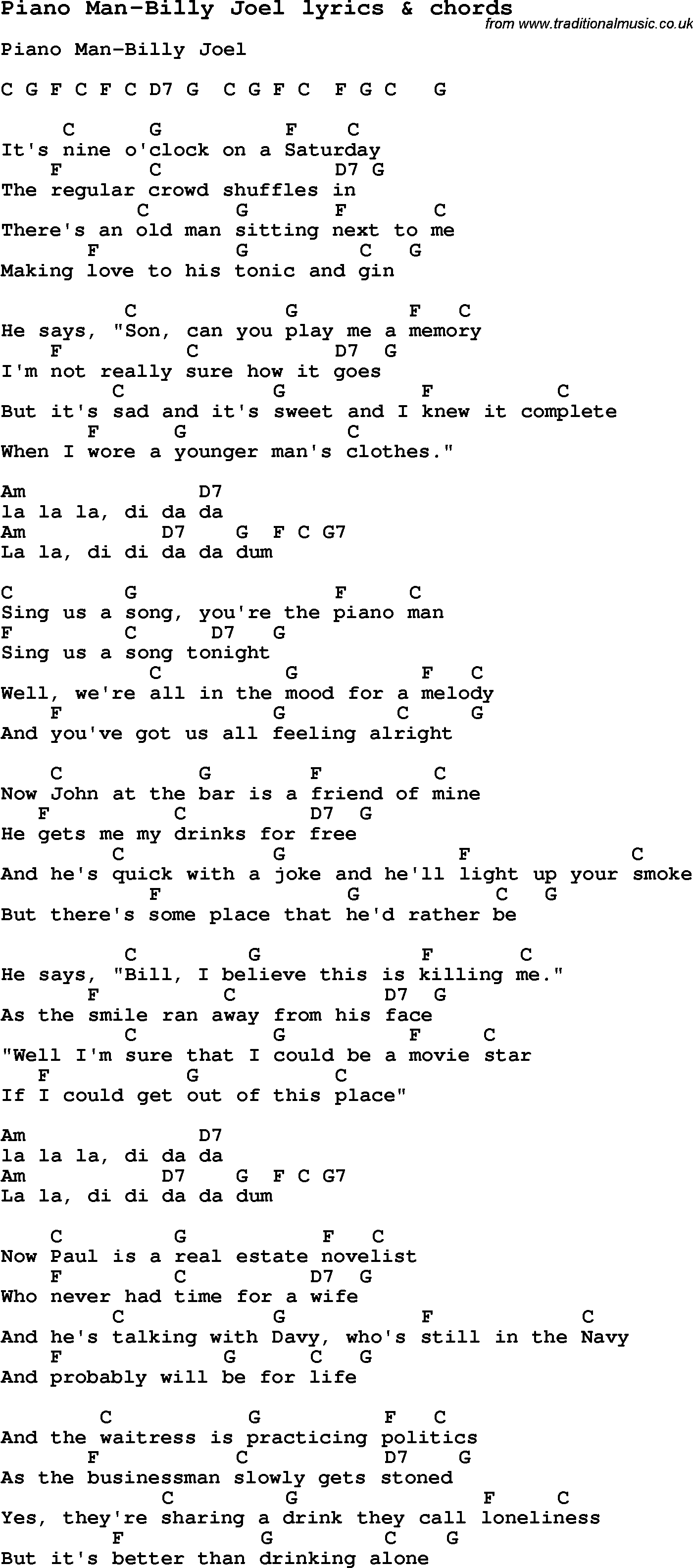 Love Song Lyrics for: Piano Man-Billy Joel with chords for Ukulele, Guitar Banjo etc.