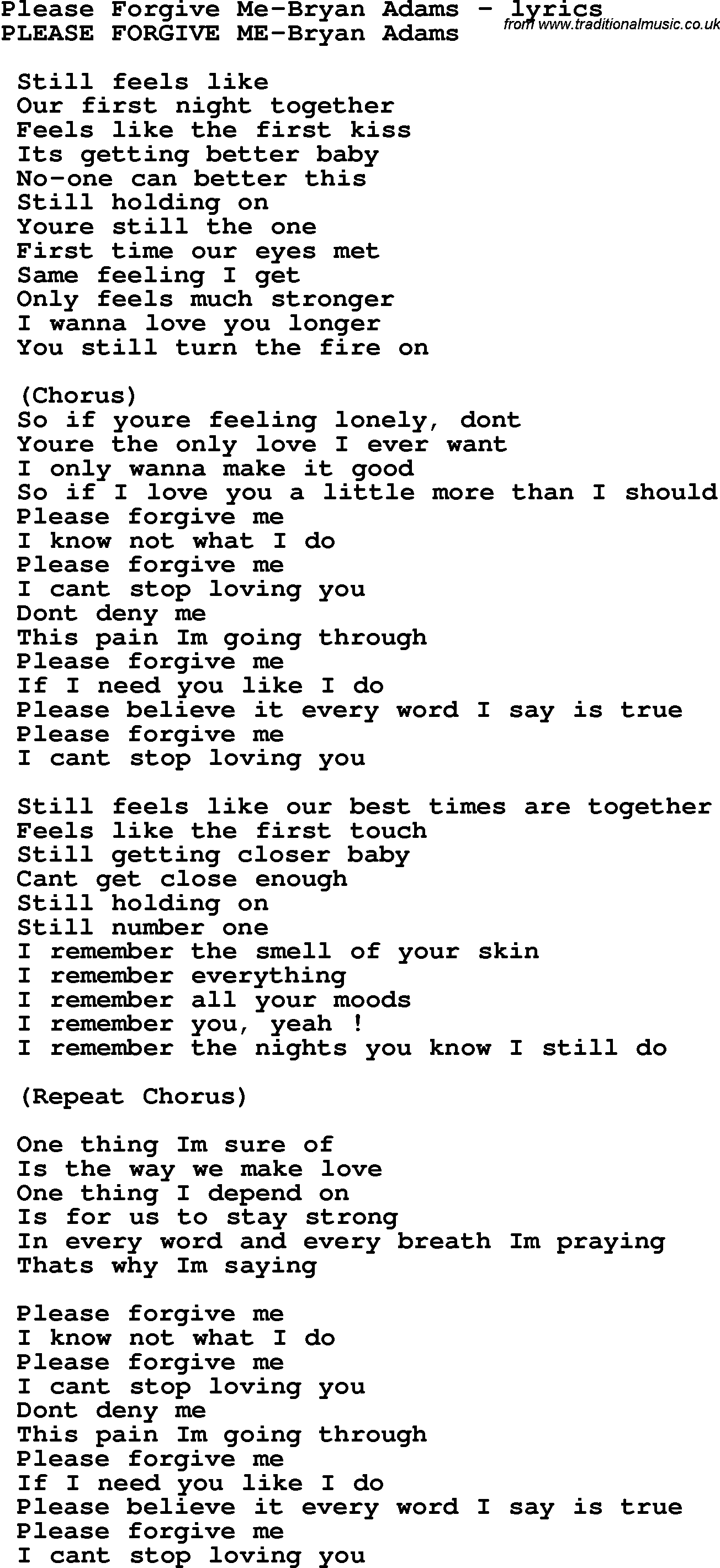 Love Song Lyrics for: Please Forgive Me-Bryan Adams