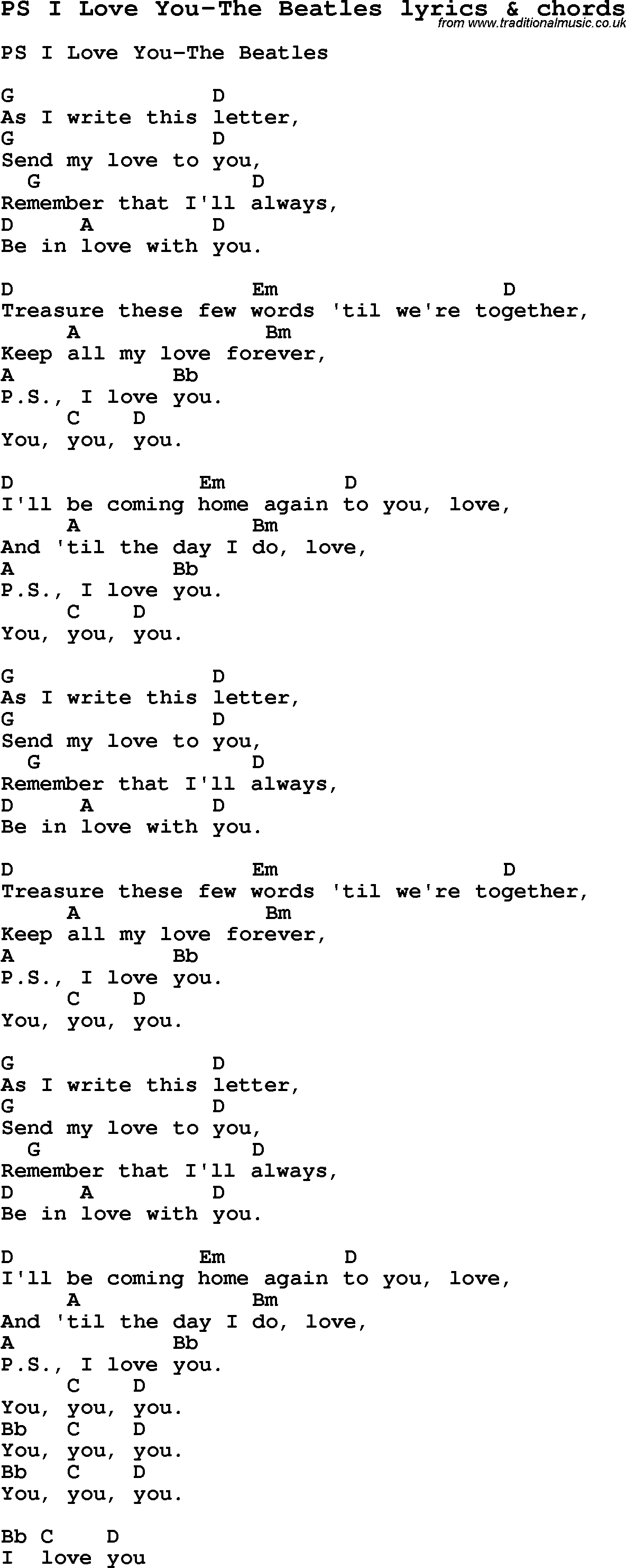 Love Song Lyrics for: PS I Love You-The Beatles with chords for Ukulele, Guitar Banjo etc.