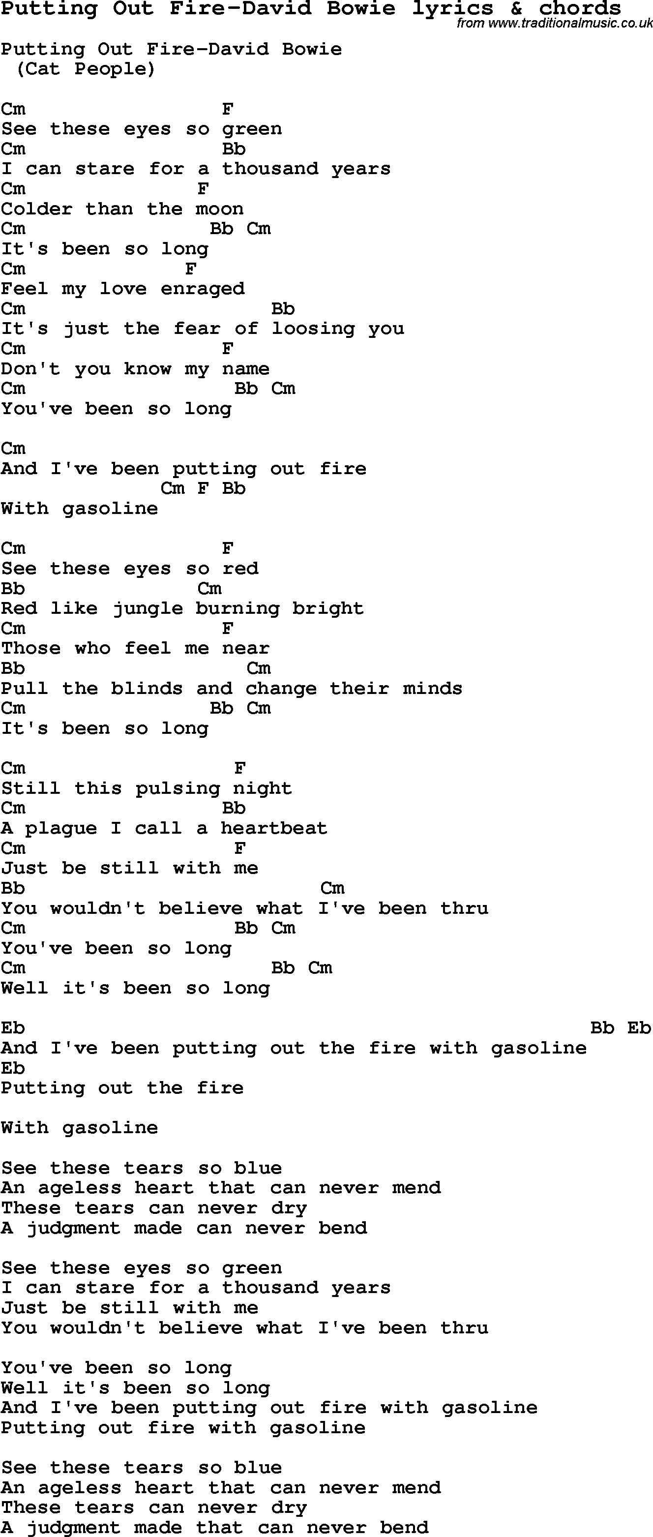 Love Song Lyrics for: Putting Out Fire-David Bowie with chords for Ukulele, Guitar Banjo etc.
