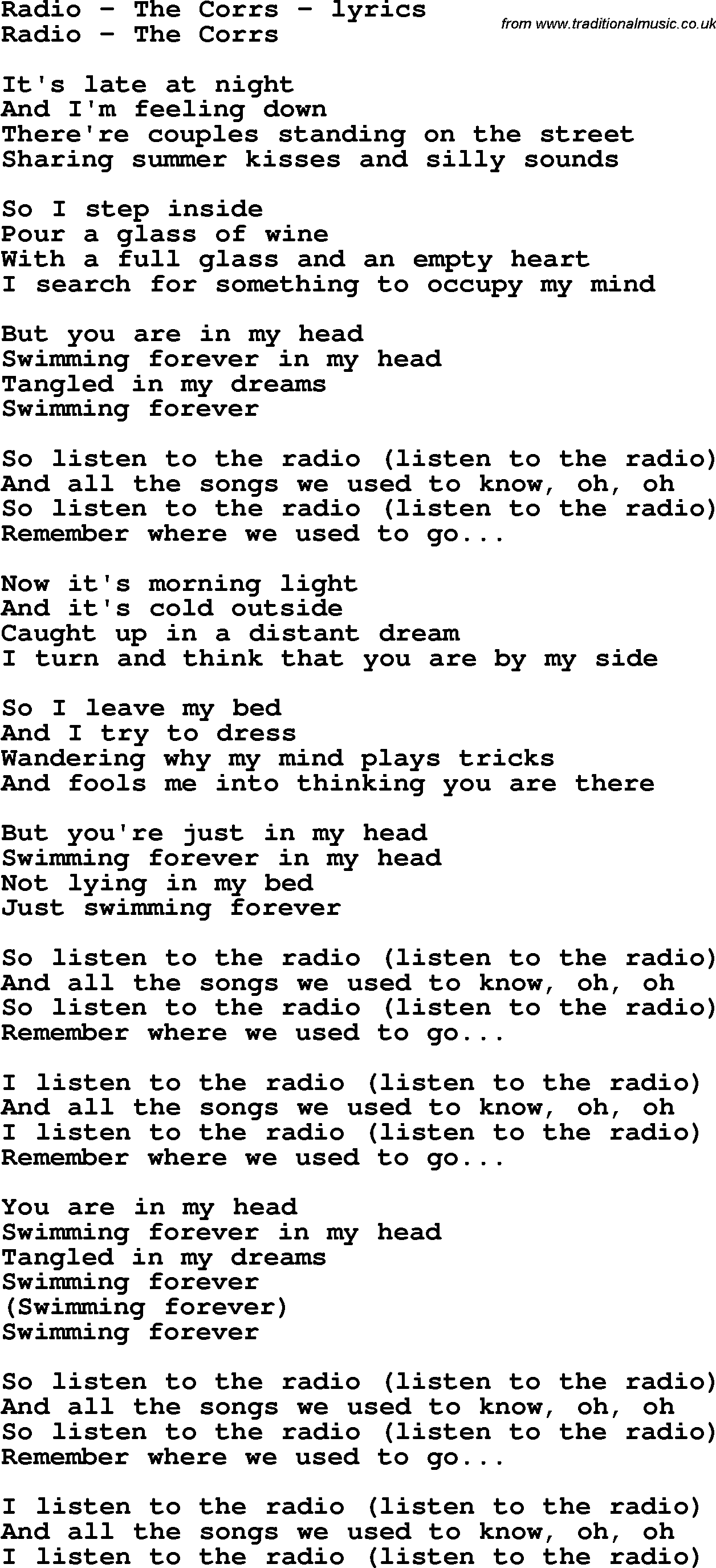 Personificación Propuesta alternativa ladrón Love Song Lyrics for:Radio - The Corrs