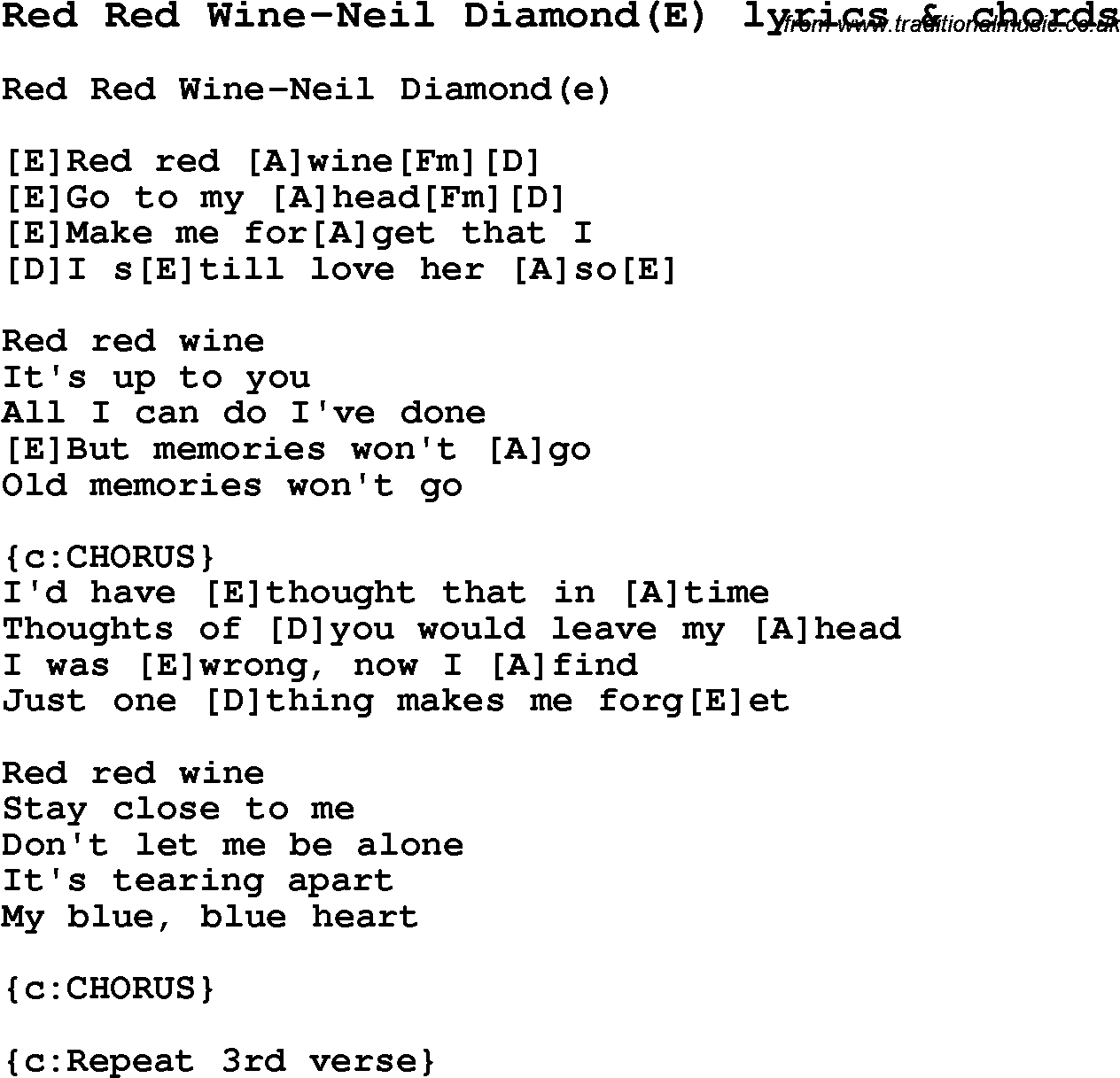 Love Song Lyrics for: Red Red Wine-Neil Diamond(E) with chords for Ukulele, Guitar Banjo etc.