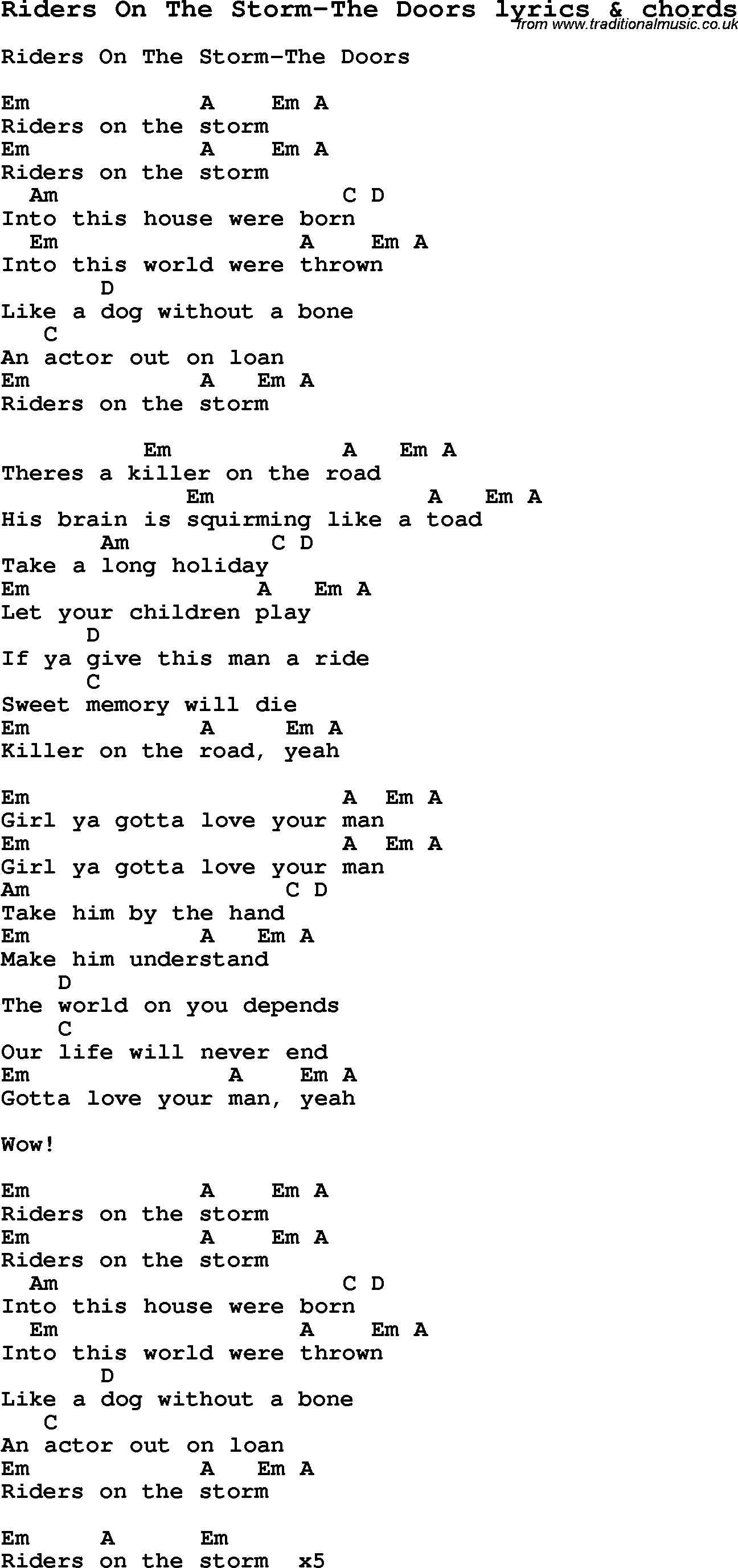 Love Song Lyrics for: Riders On The Storm-The Doors with chords for Ukulele, Guitar Banjo etc.