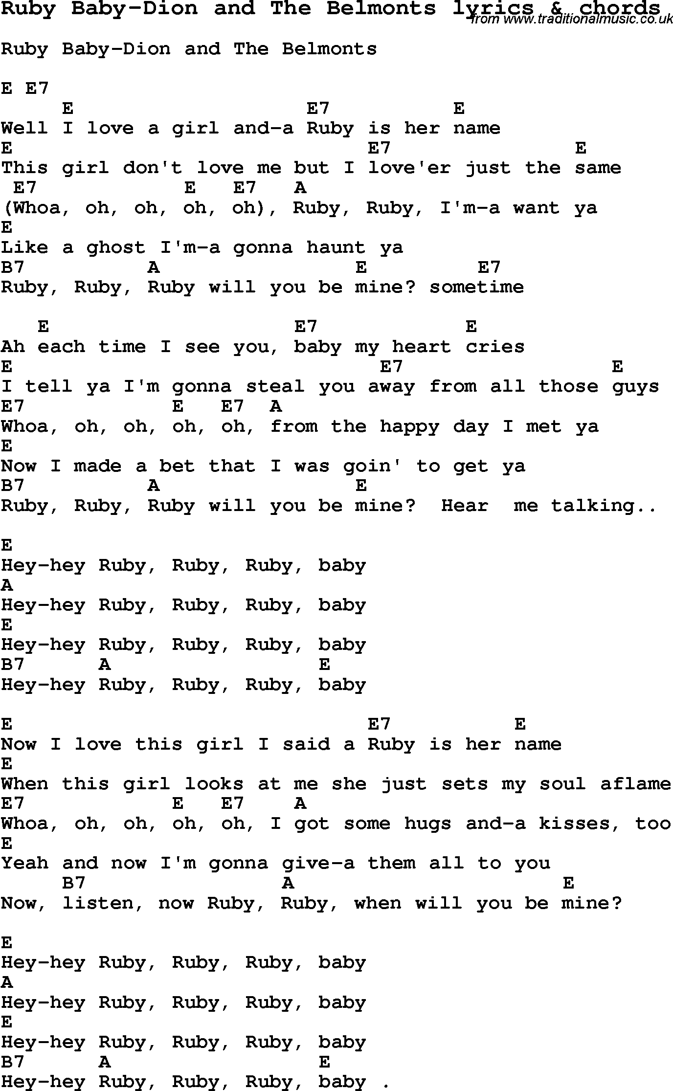 Love Song Lyrics for: Ruby Baby-Dion and The Belmonts with chords for Ukulele, Guitar Banjo etc.