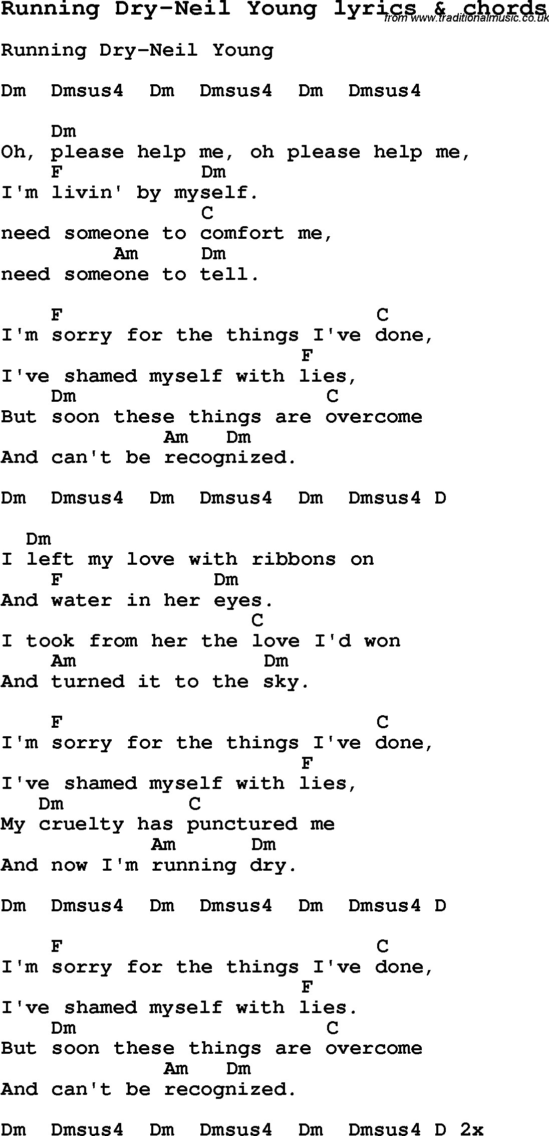Love Song Lyrics for: Running Dry-Neil Young with chords for Ukulele, Guitar Banjo etc.