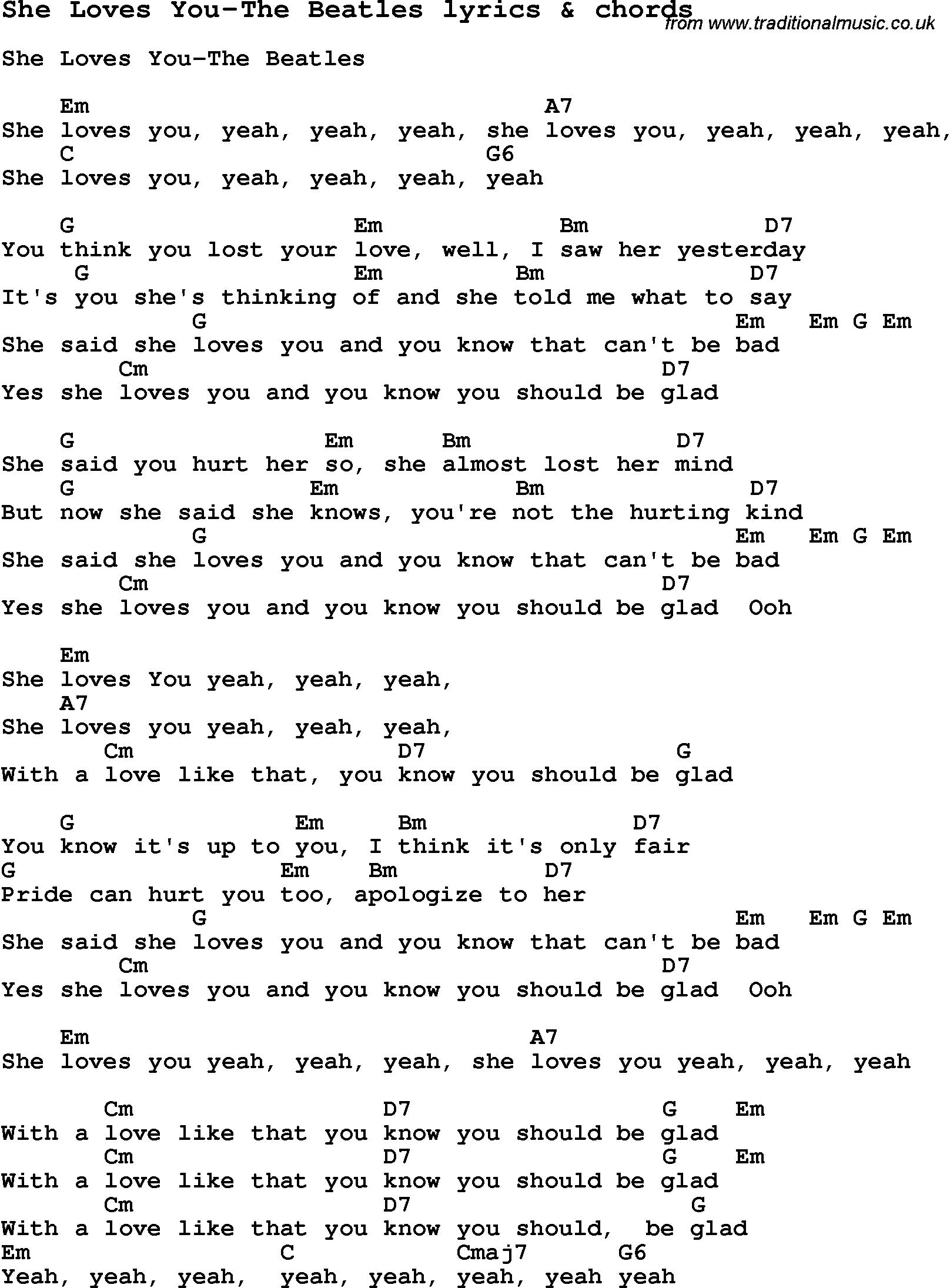 Love Song Lyrics for: She Loves You-The Beatles with chords for Ukulele, Guitar Banjo etc.