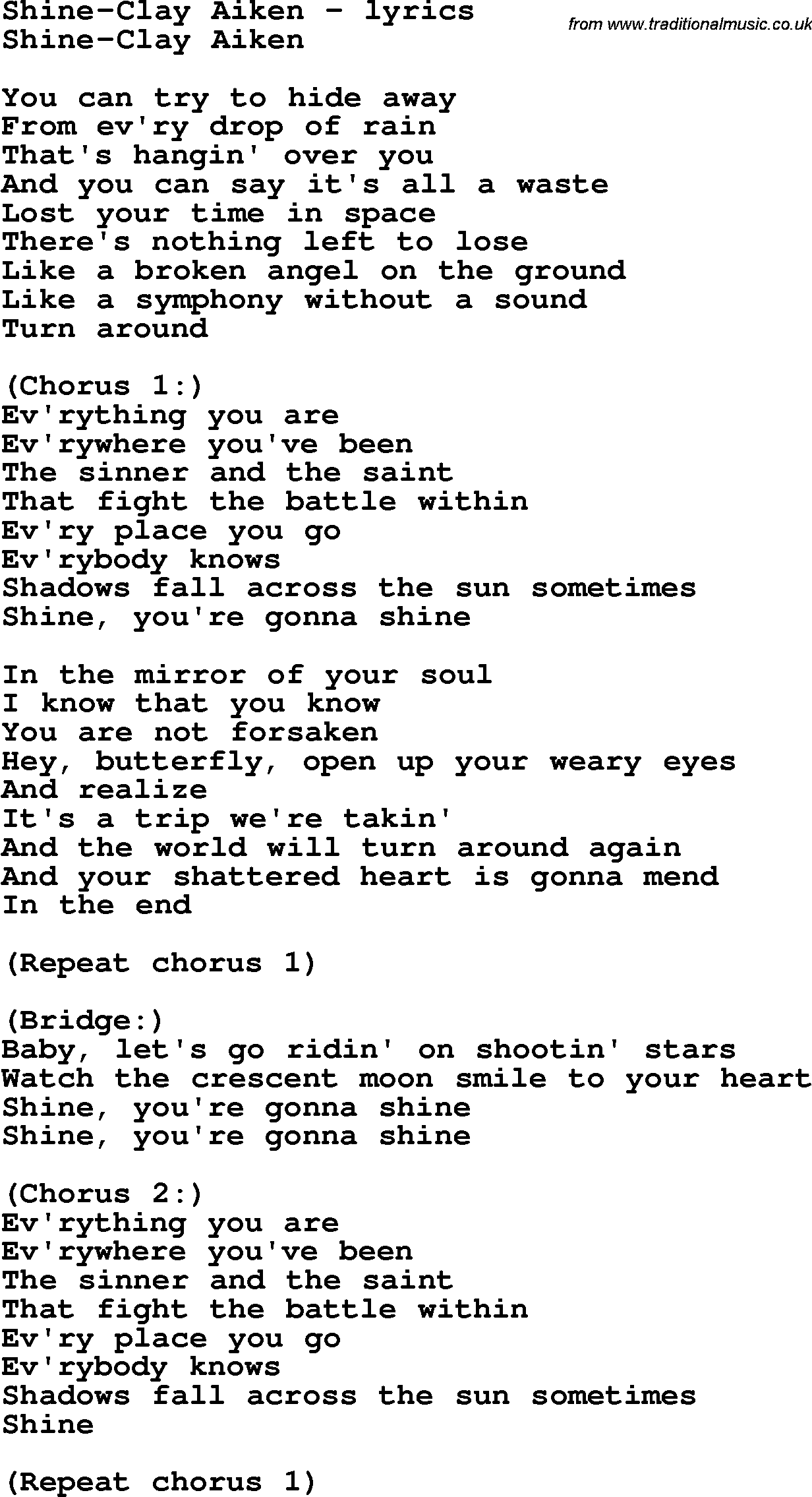 Love Song Lyrics for: Shine-Clay Aiken